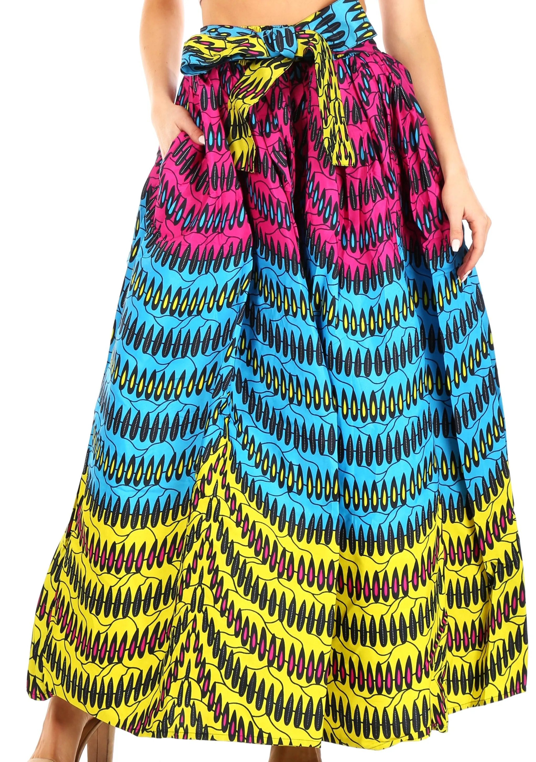 Sakkas Ami Women's Maxi Long African Ankara Print Skirt Pockets & Elastic Waist