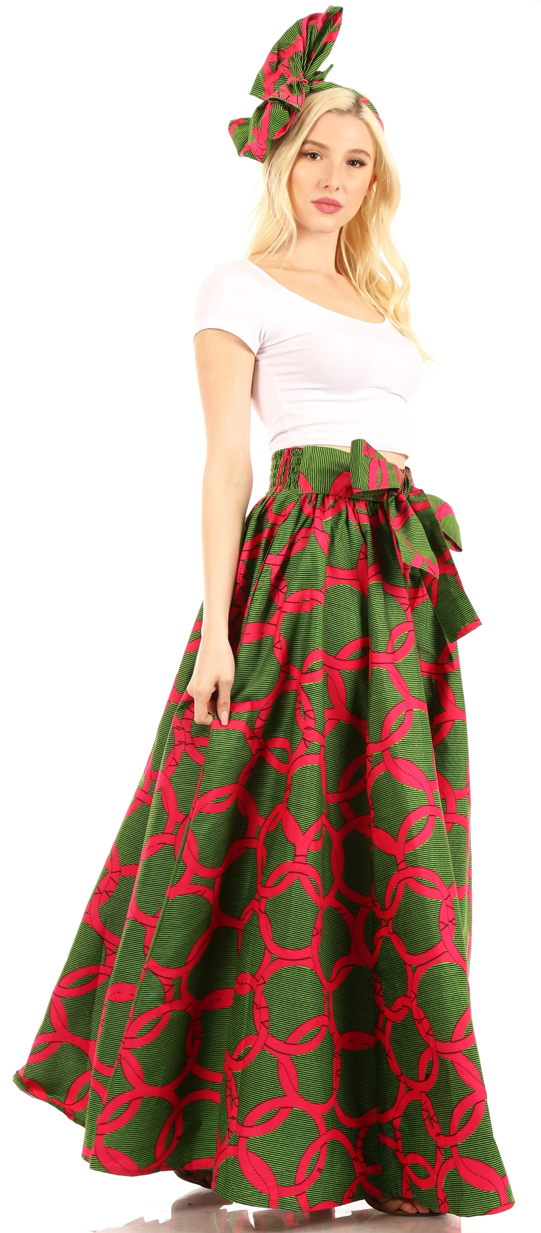 Sakkas Ami Women's Maxi Long African Ankara Print Skirt Pockets & Elastic Waist