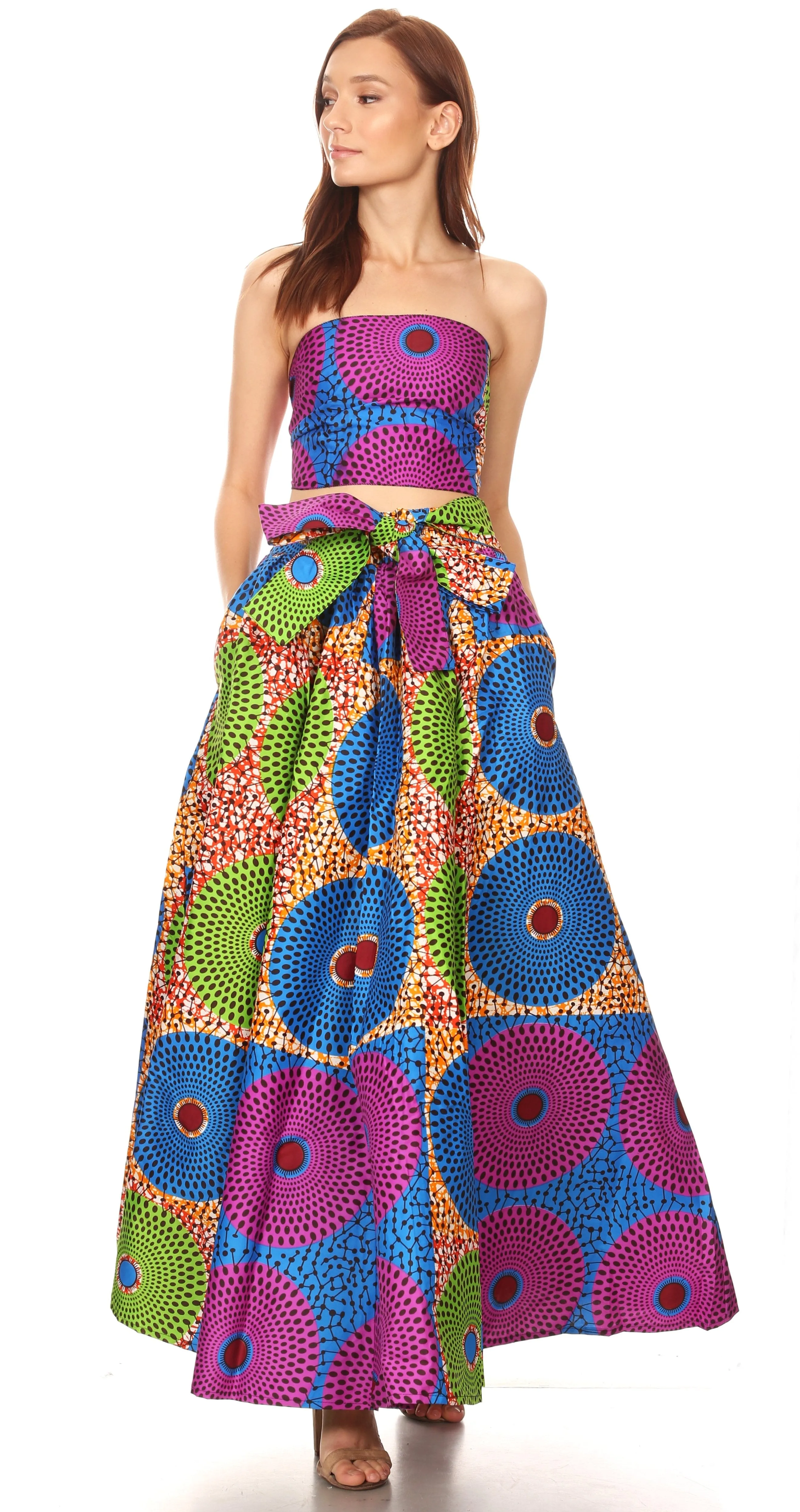 Sakkas Ami Women's Maxi Long African Ankara Print Skirt Pockets & Elastic Waist