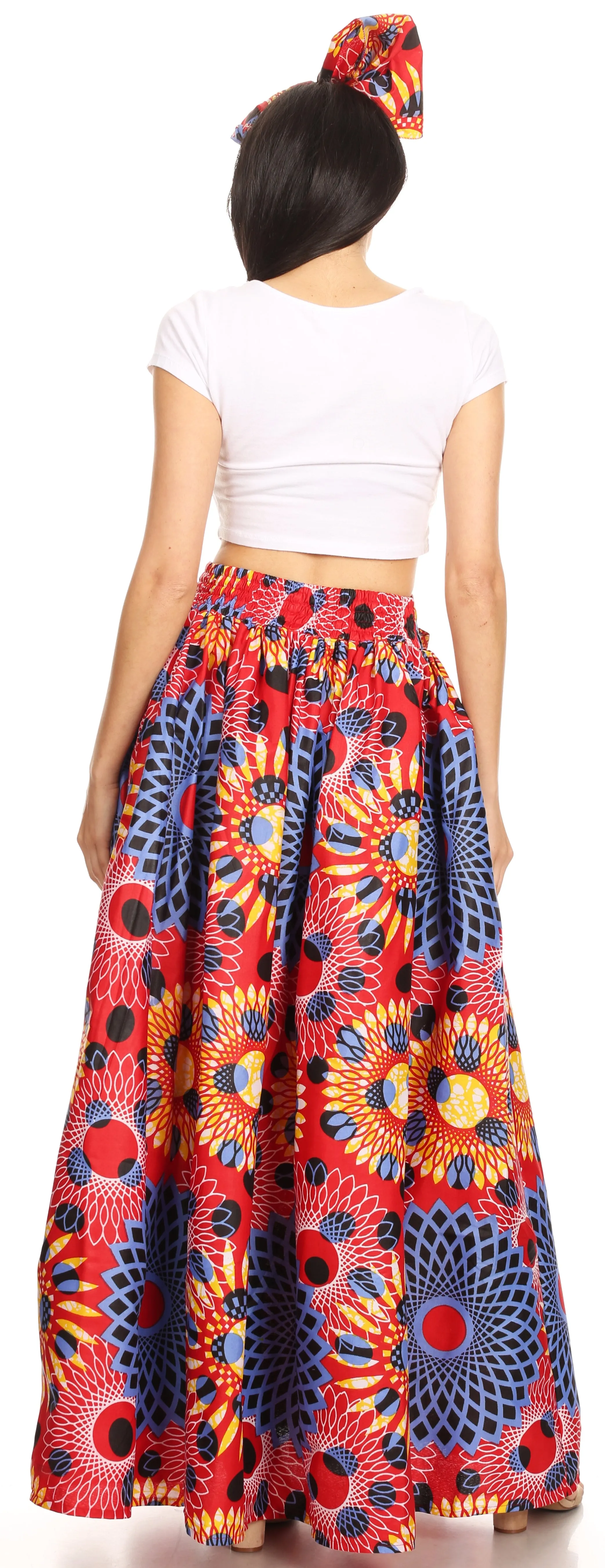 Sakkas Ami Women's Maxi Long African Ankara Print Skirt Pockets & Elastic Waist