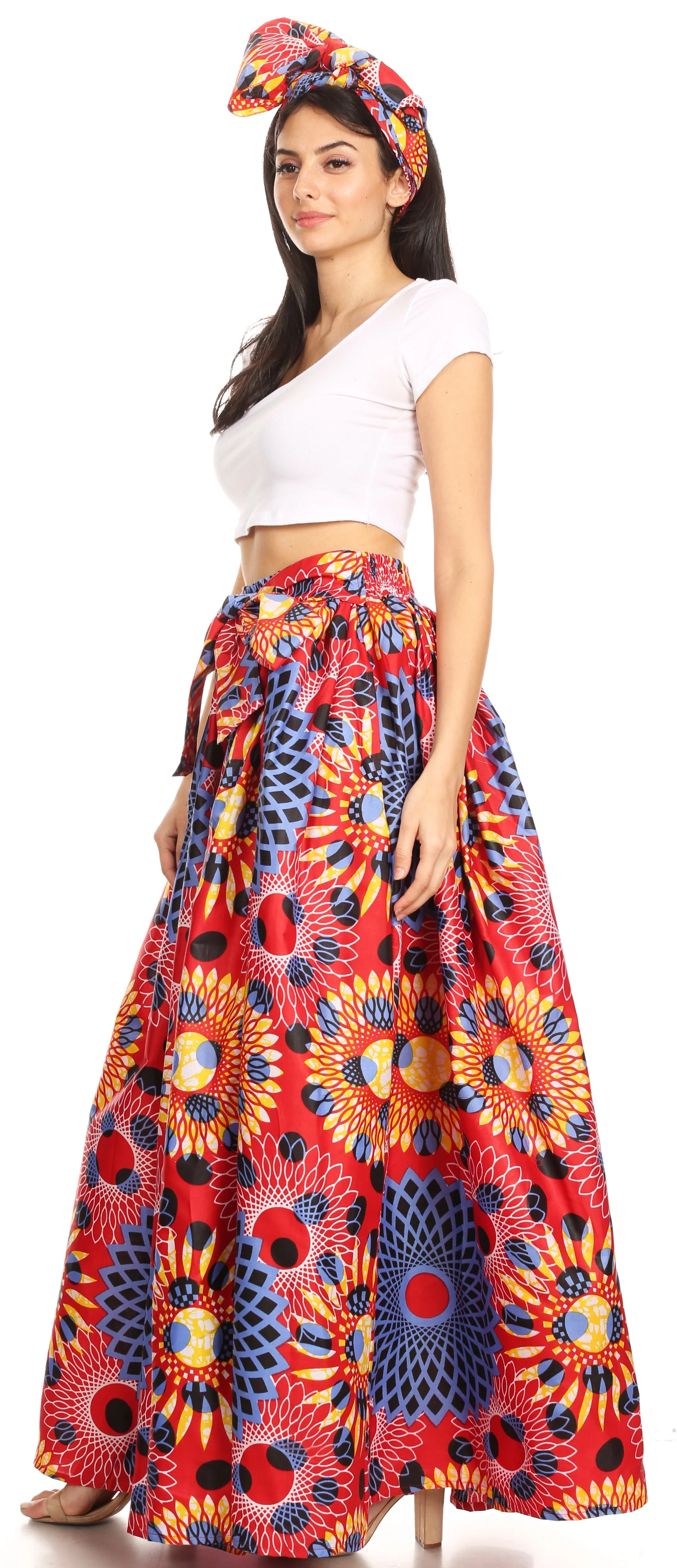 Sakkas Ami Women's Maxi Long African Ankara Print Skirt Pockets & Elastic Waist