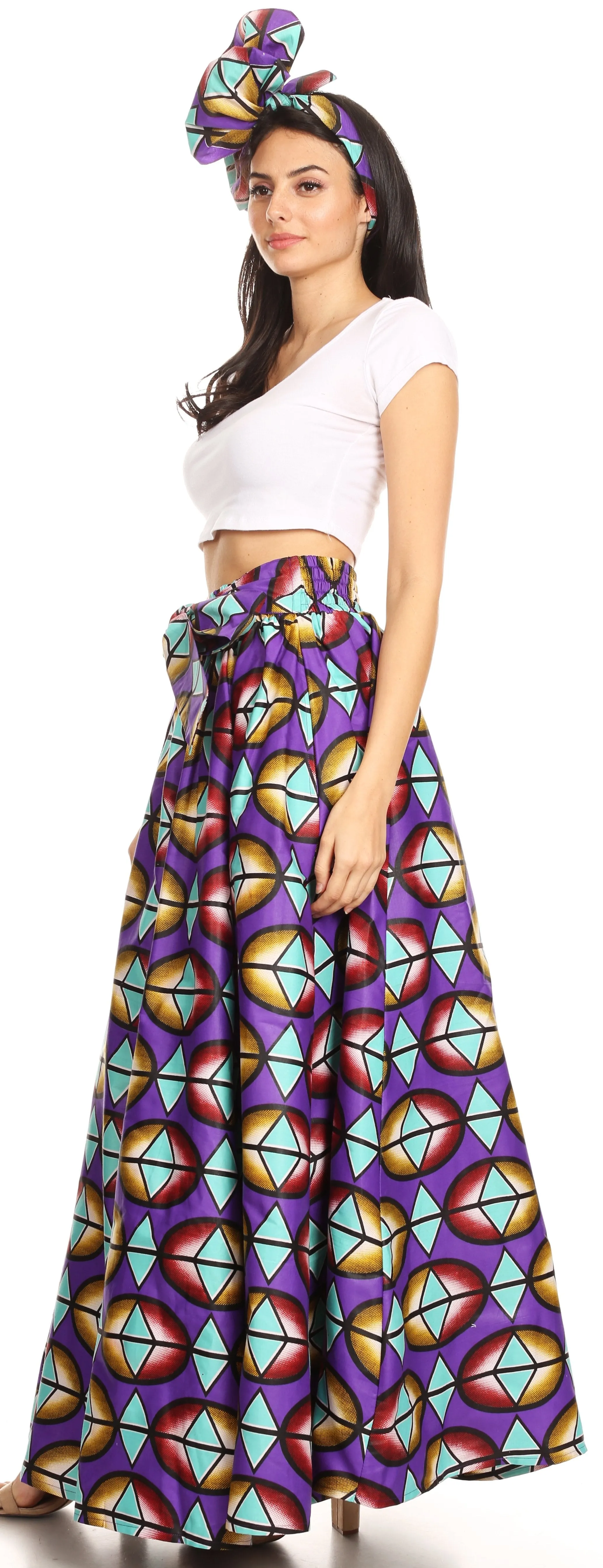 Sakkas Ami Women's Maxi Long African Ankara Print Skirt Pockets & Elastic Waist