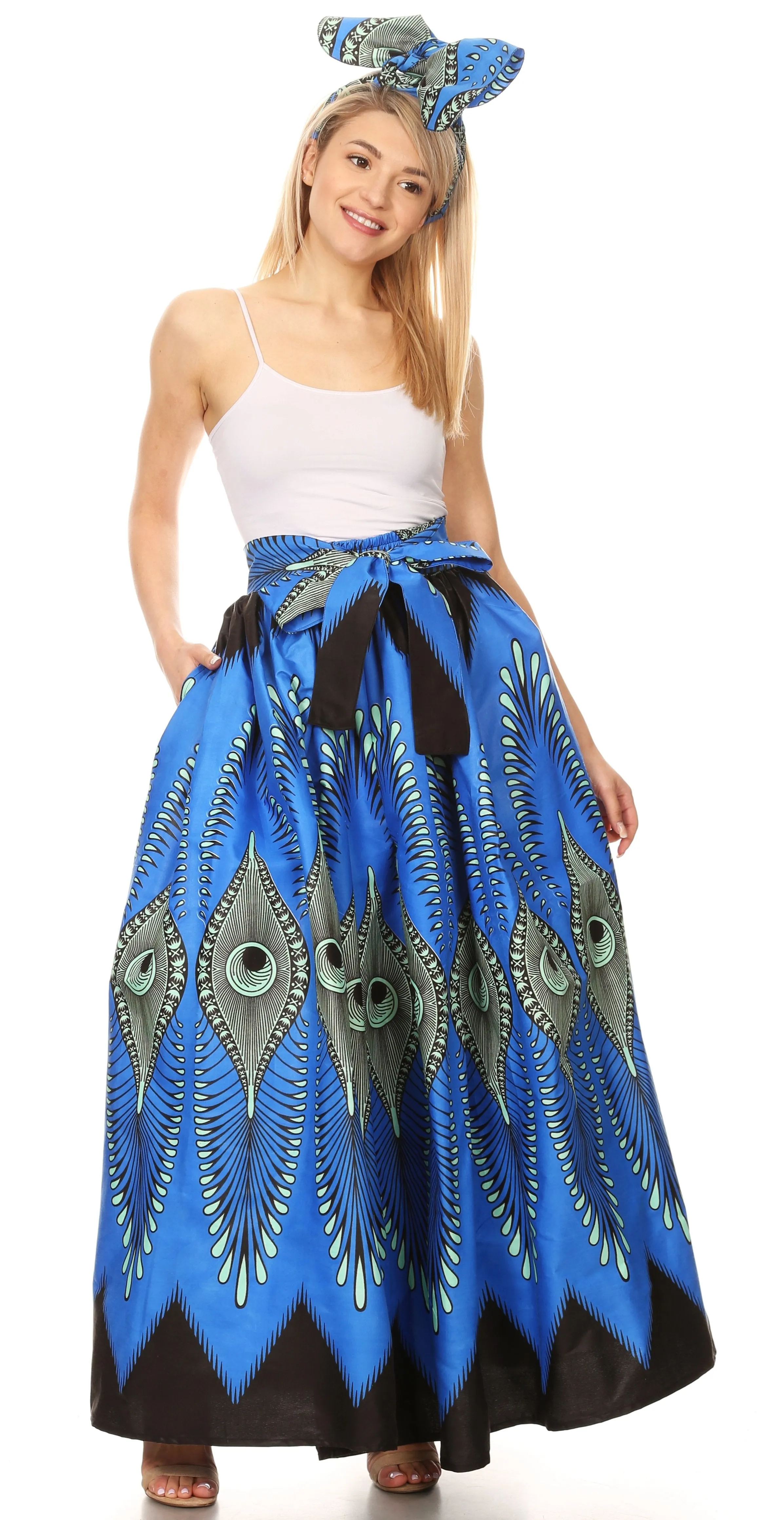 Sakkas Ami Women's Maxi Long African Ankara Print Skirt Pockets & Elastic Waist