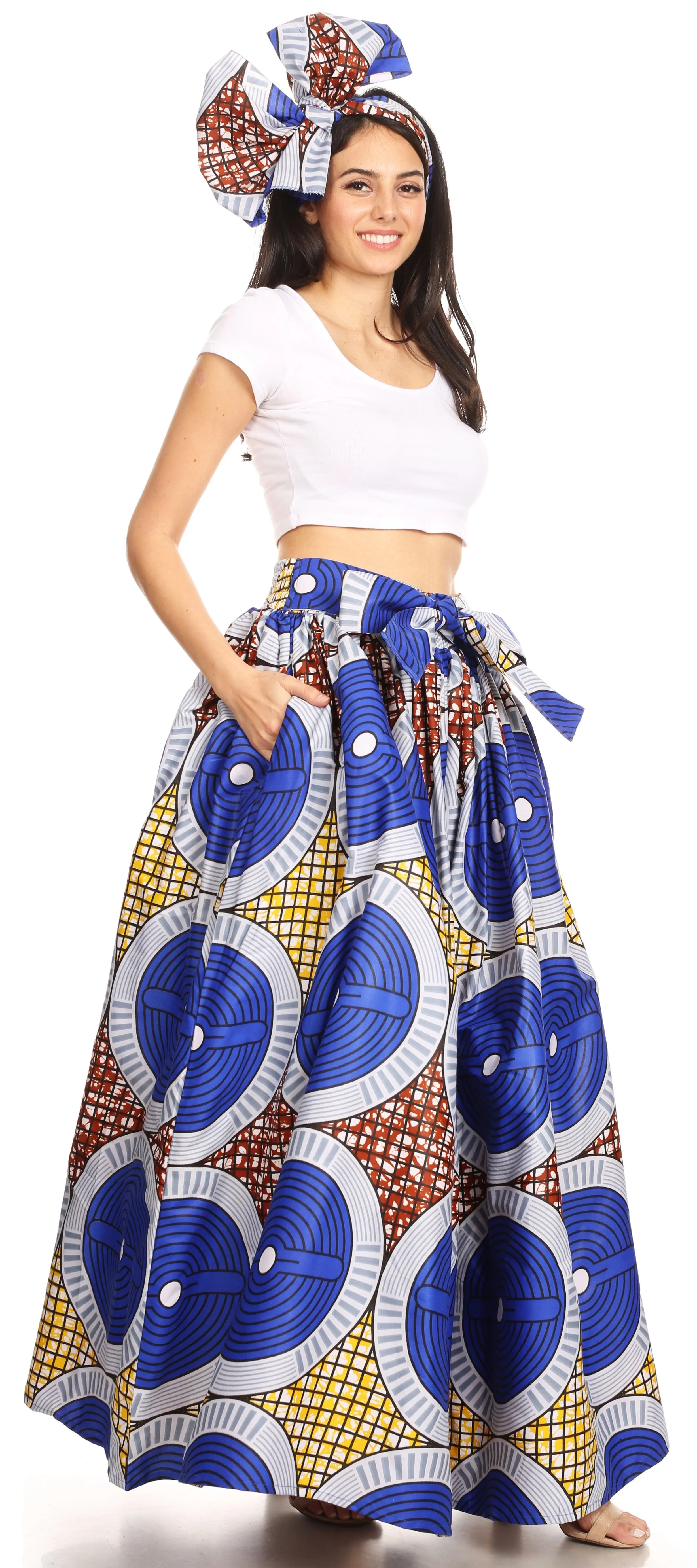 Sakkas Ami Women's Maxi Long African Ankara Print Skirt Pockets & Elastic Waist