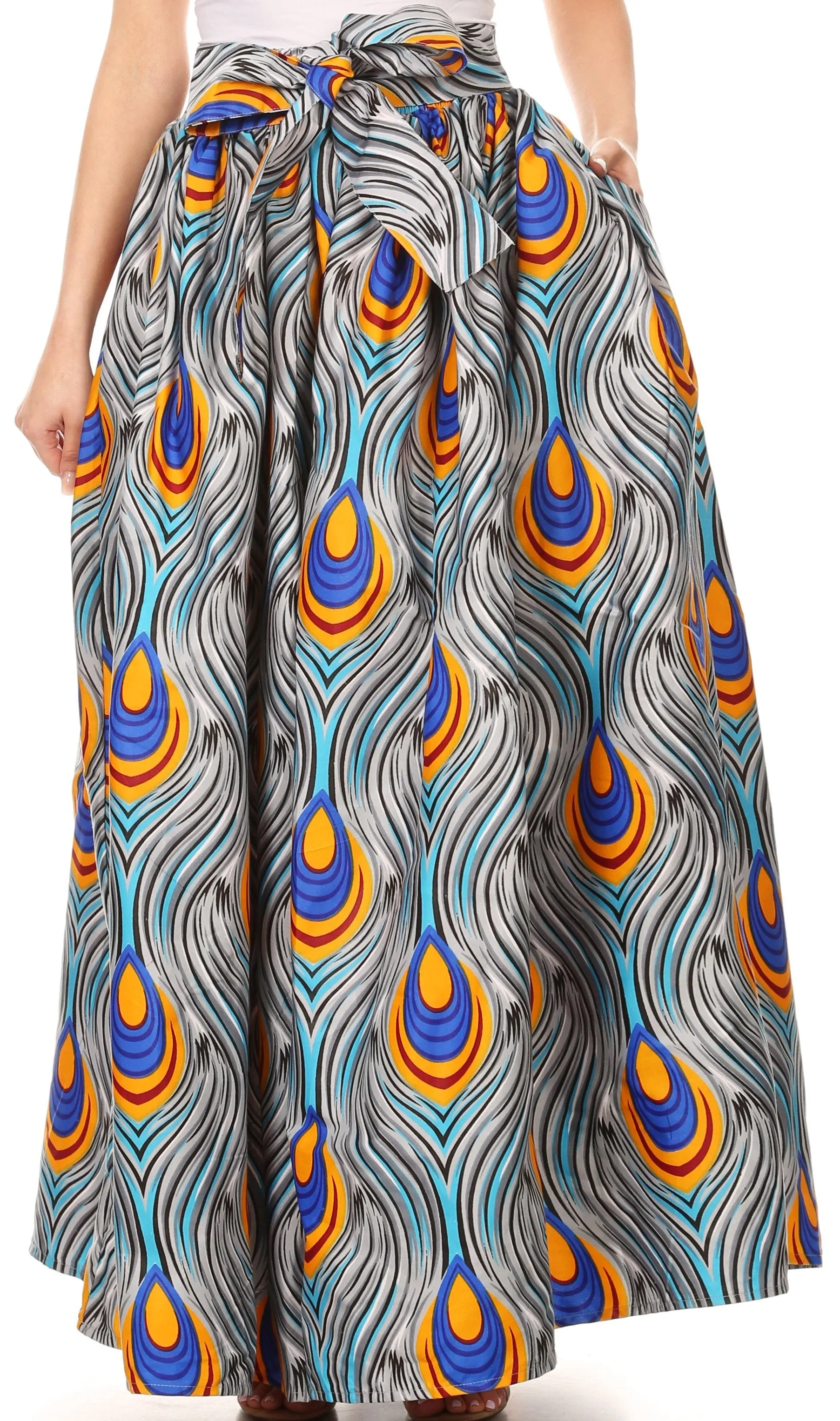 Sakkas Ami Women's Maxi Long African Ankara Print Skirt Pockets & Elastic Waist