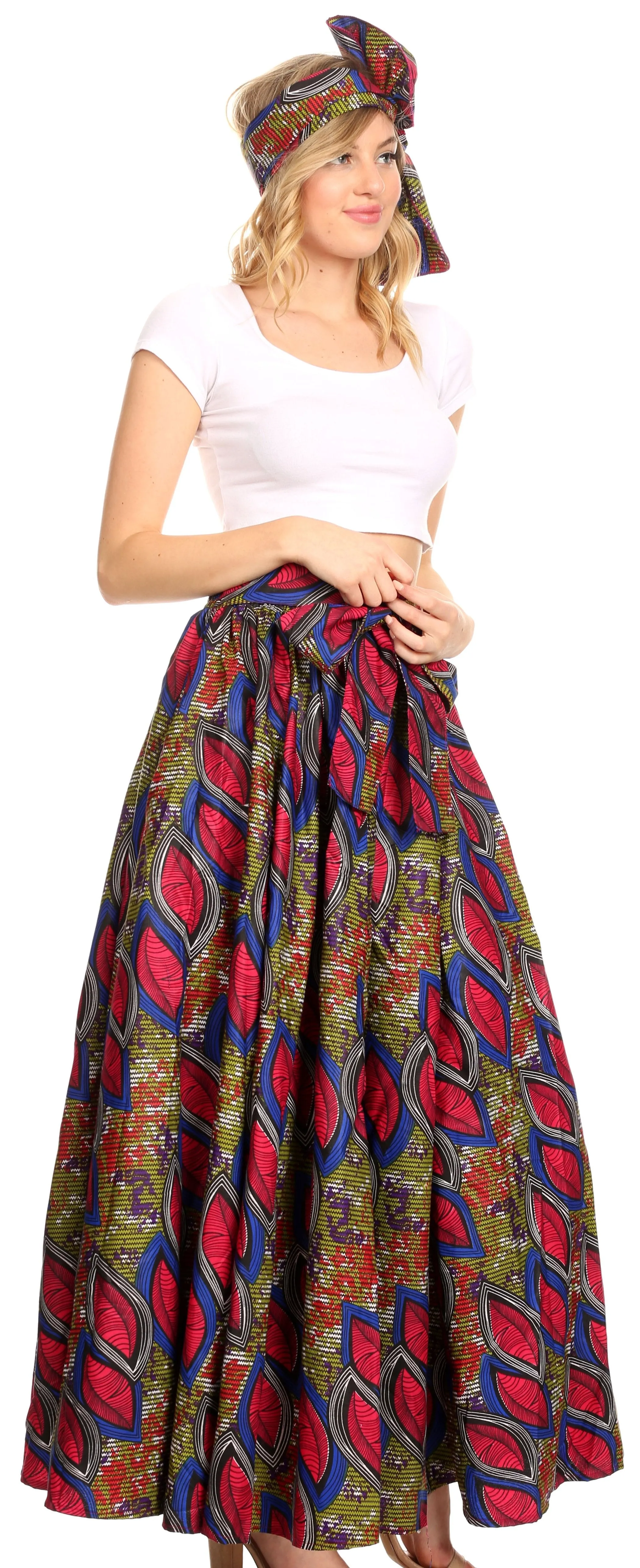 Sakkas Ami Women's Maxi Long African Ankara Print Skirt Pockets & Elastic Waist