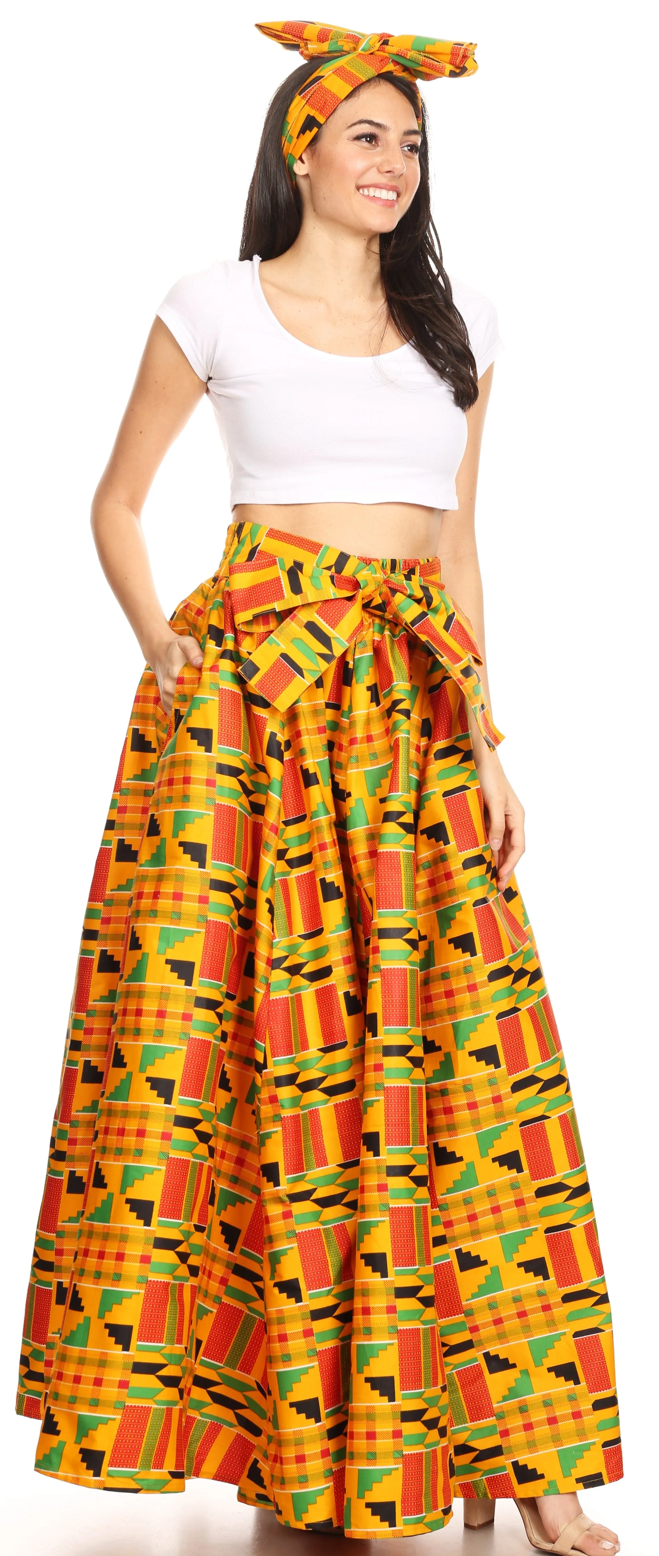 Sakkas Ami Women's Maxi Long African Ankara Print Skirt Pockets & Elastic Waist