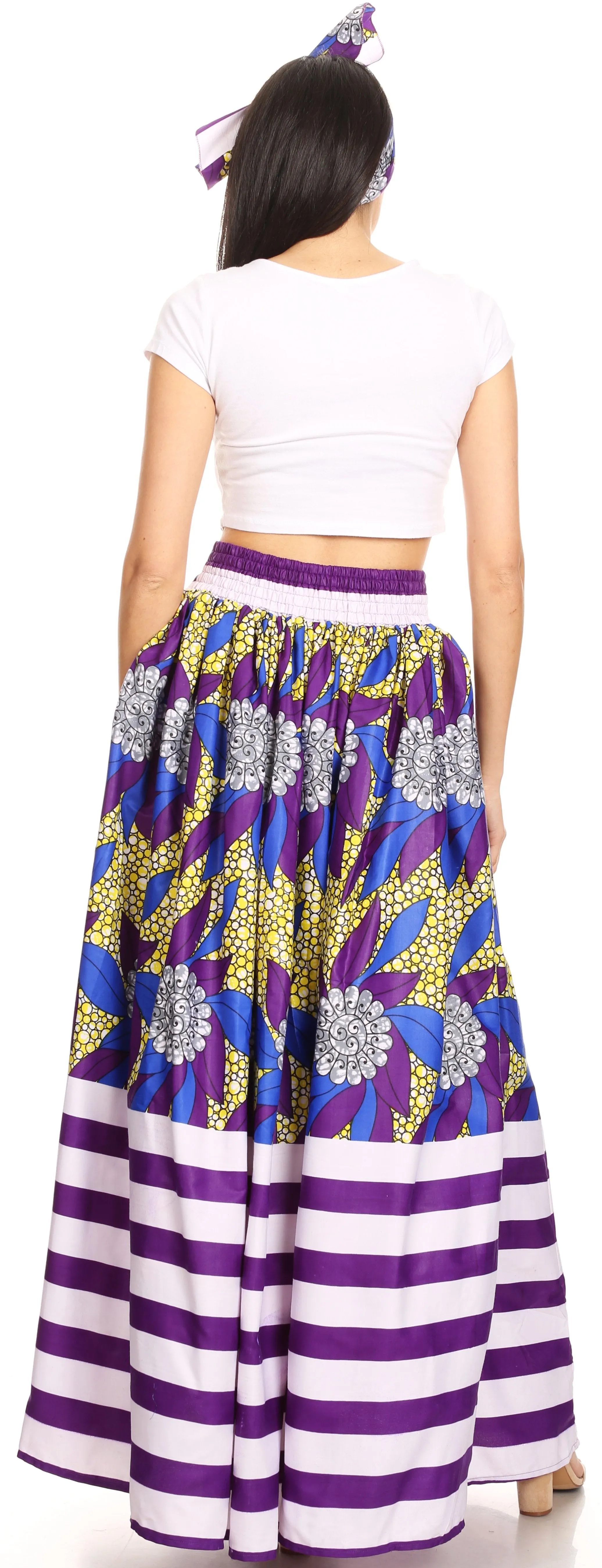 Sakkas Ami Women's Maxi Long African Ankara Print Skirt Pockets & Elastic Waist