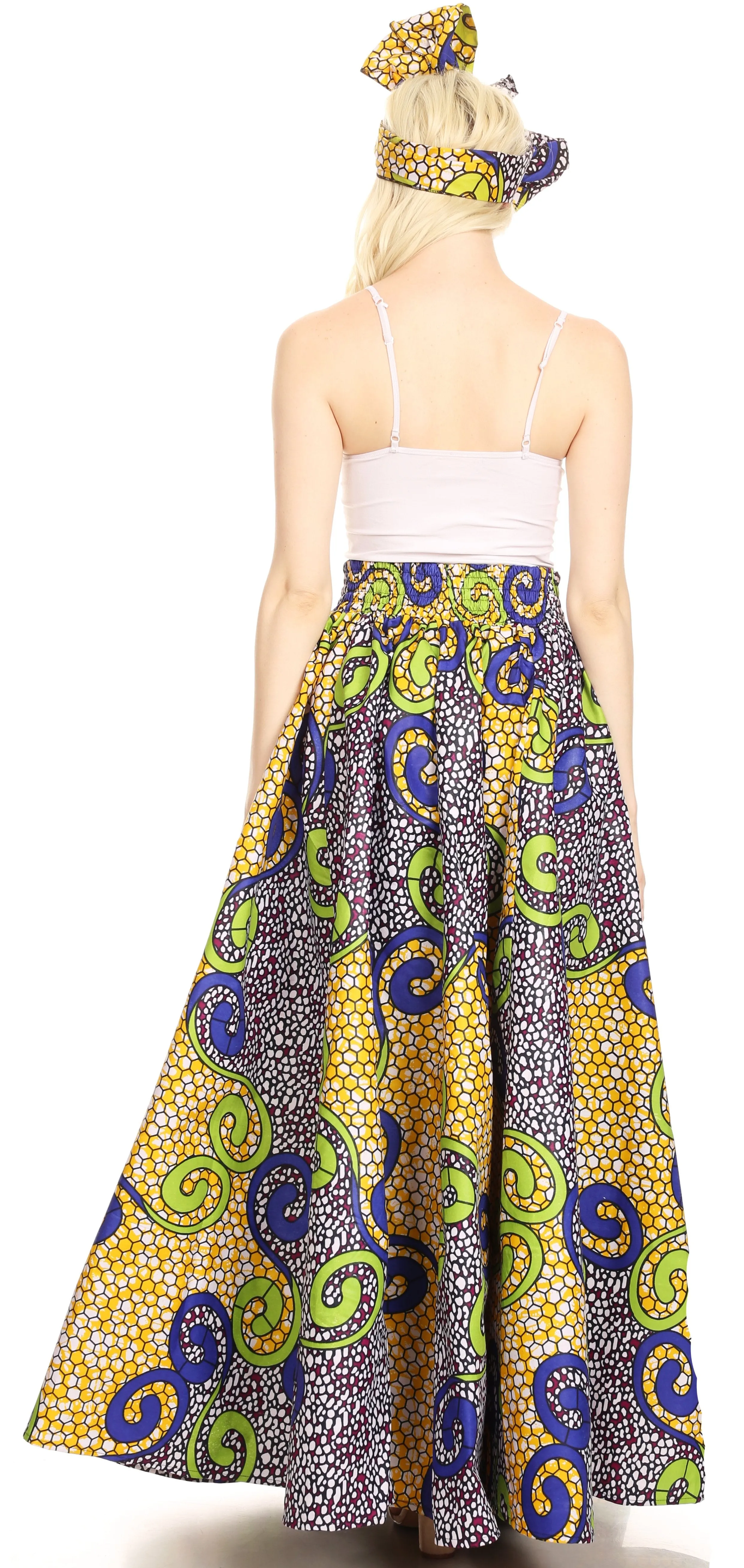 Sakkas Ami Women's Maxi Long African Ankara Print Skirt Pockets & Elastic Waist