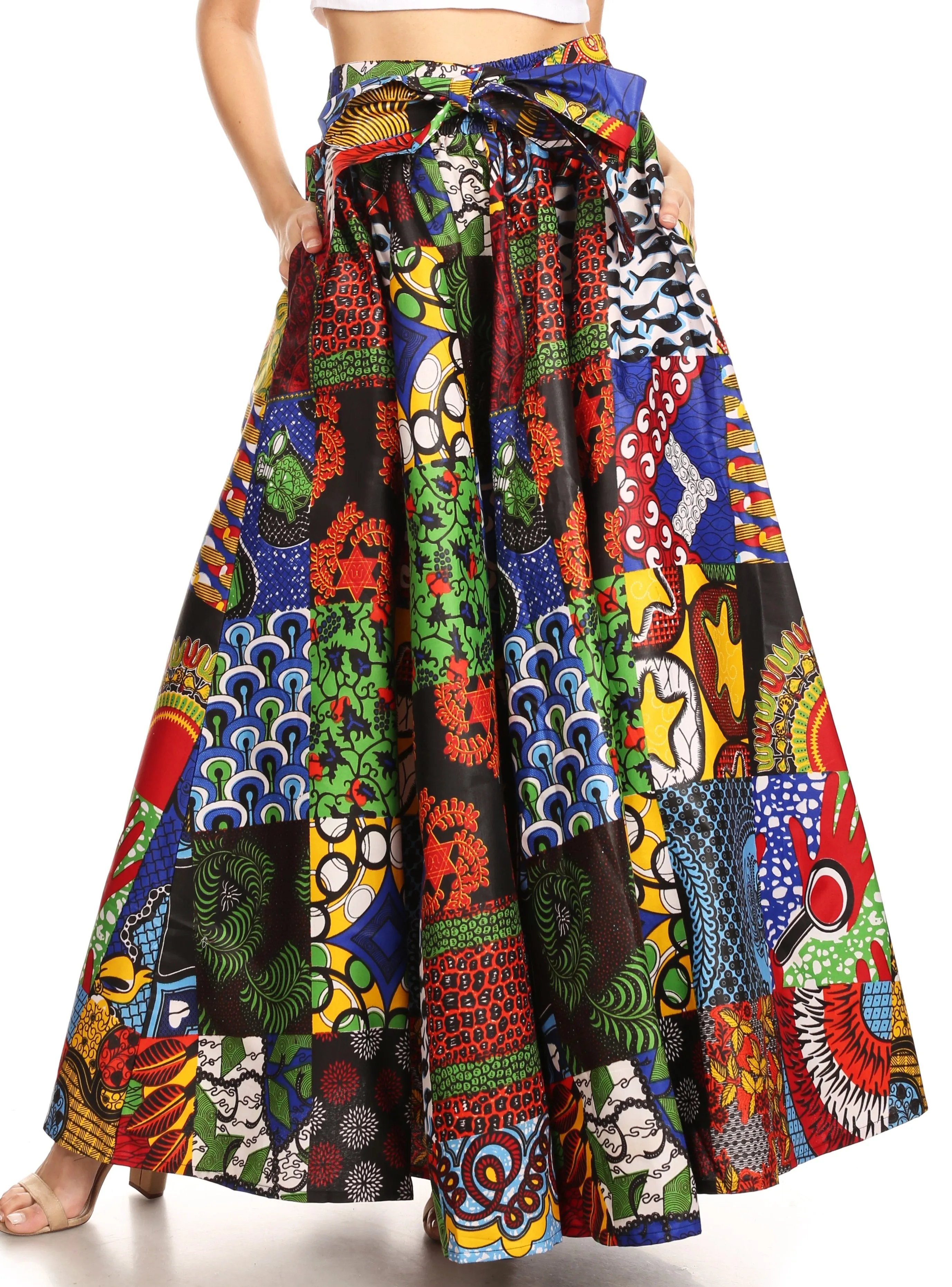 Sakkas Ami Women's Maxi Long African Ankara Print Skirt Pockets & Elastic Waist