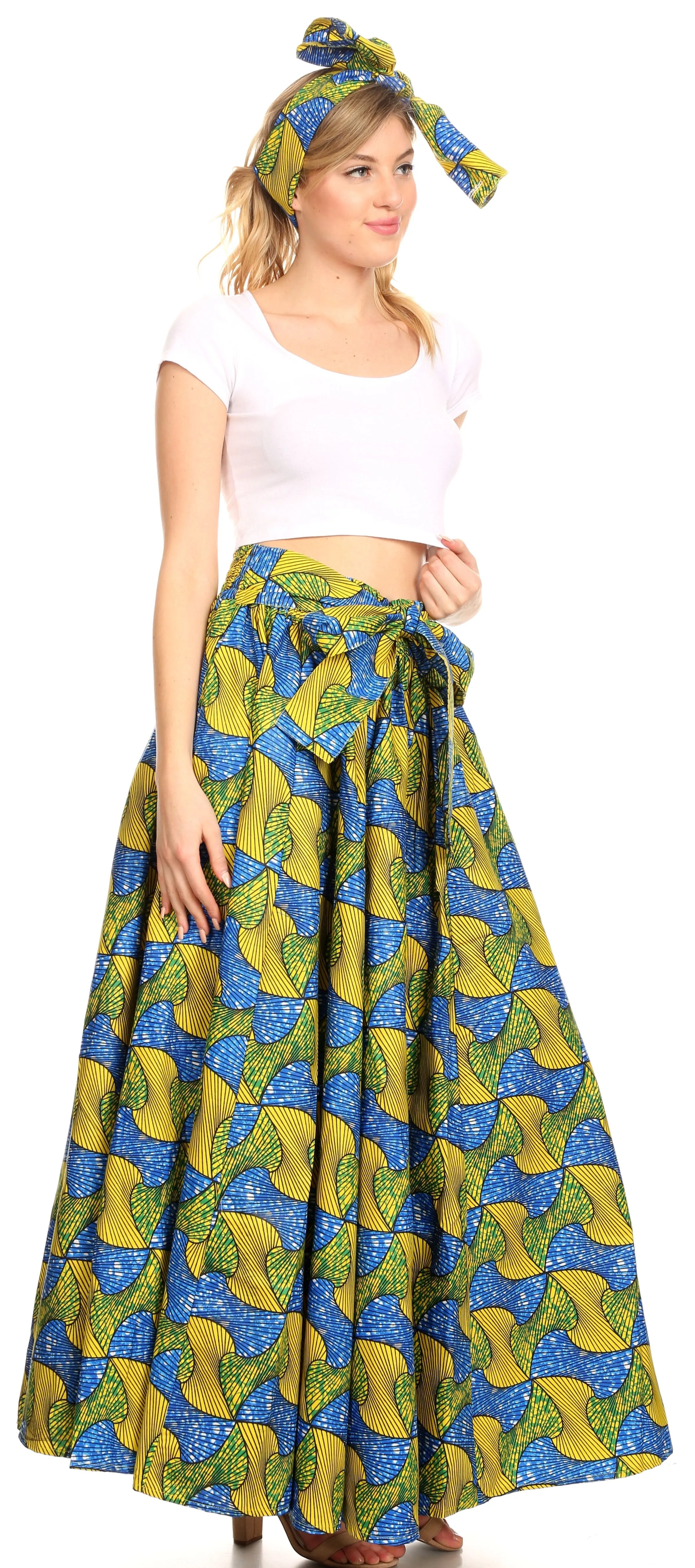 Sakkas Ami Women's Maxi Long African Ankara Print Skirt Pockets & Elastic Waist