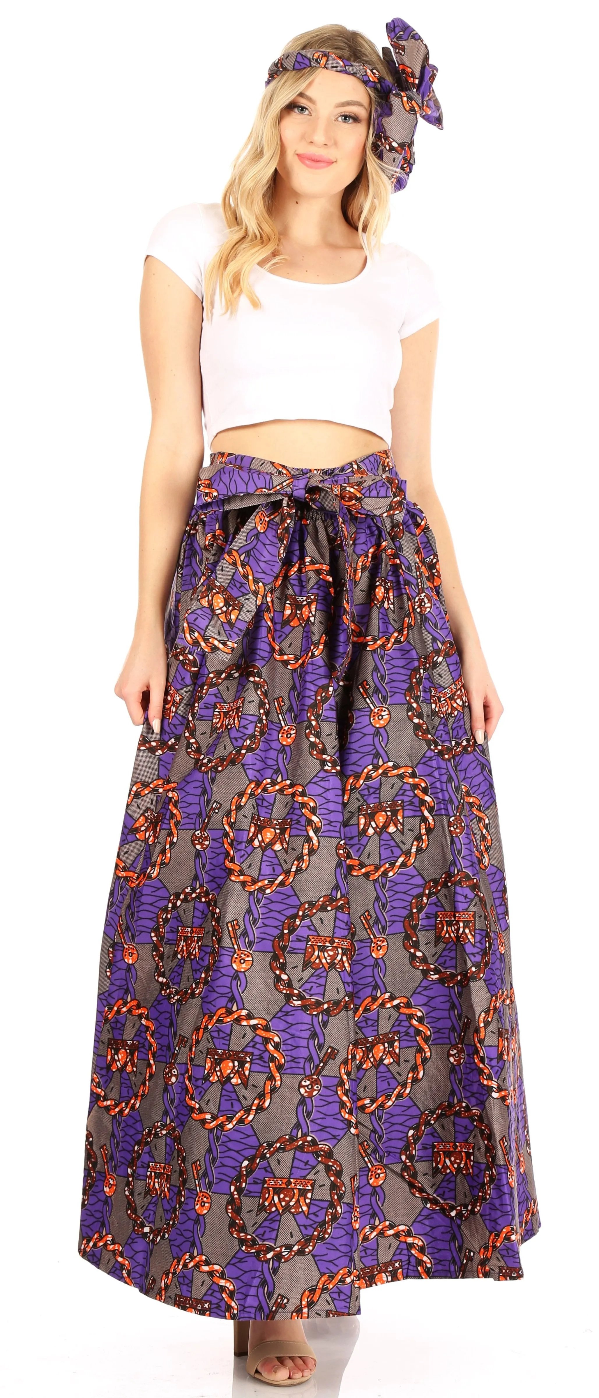 Sakkas Ami Women's Maxi Long African Ankara Print Skirt Pockets & Elastic Waist