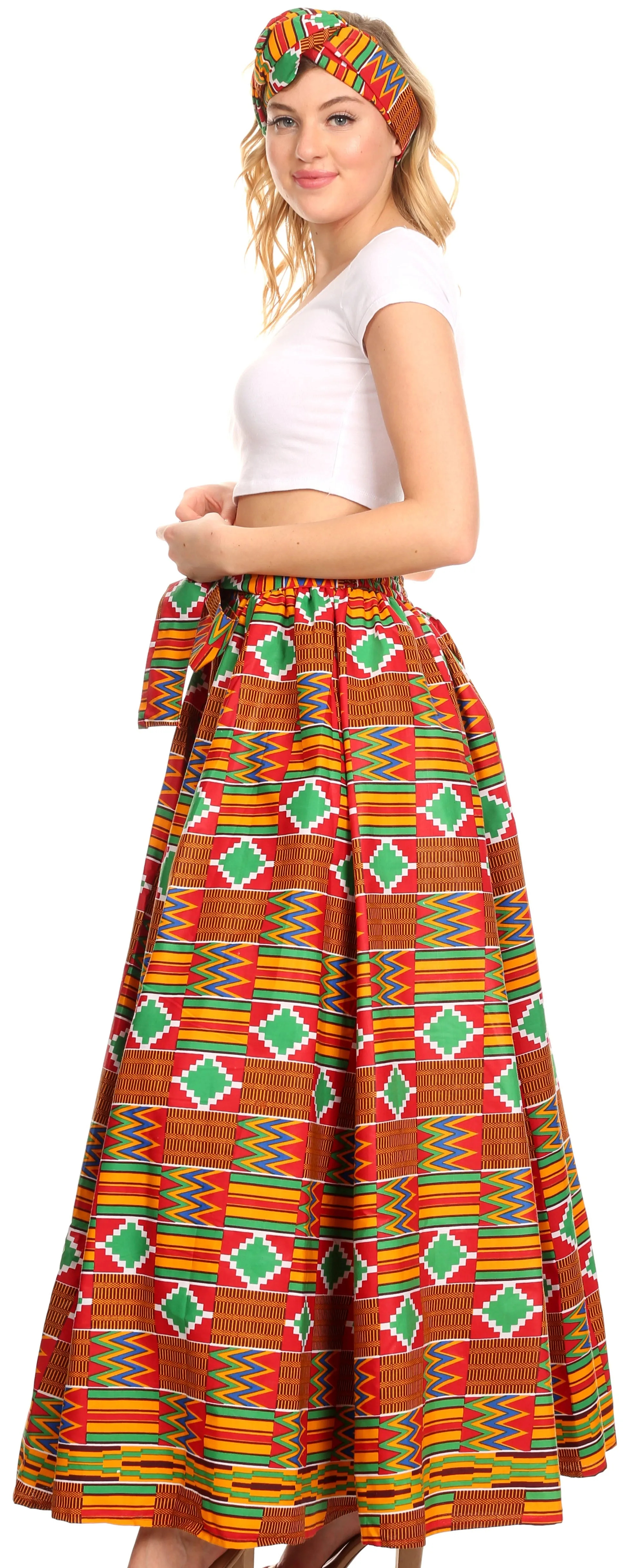 Sakkas Ami Women's Maxi Long African Ankara Print Skirt Pockets & Elastic Waist