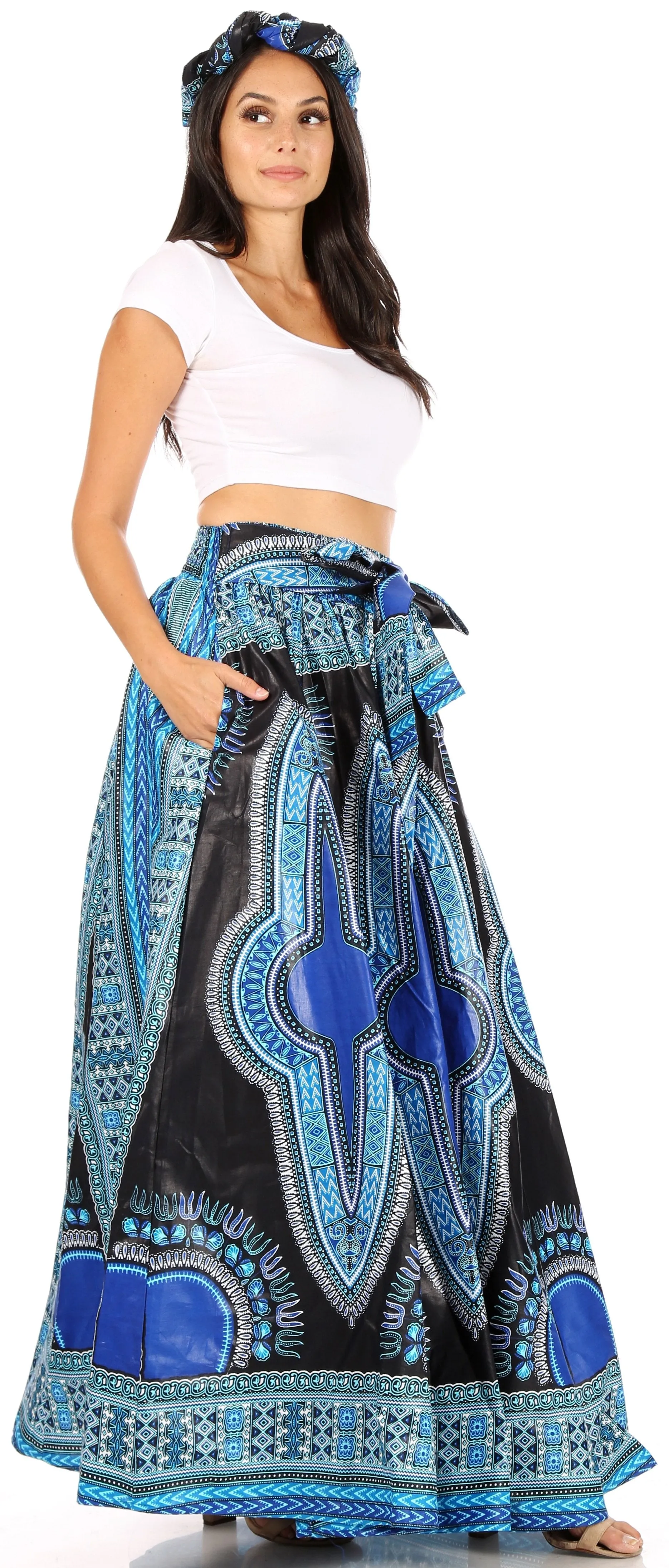 Sakkas Ami Women's Maxi Long African Ankara Print Skirt Pockets & Elastic Waist