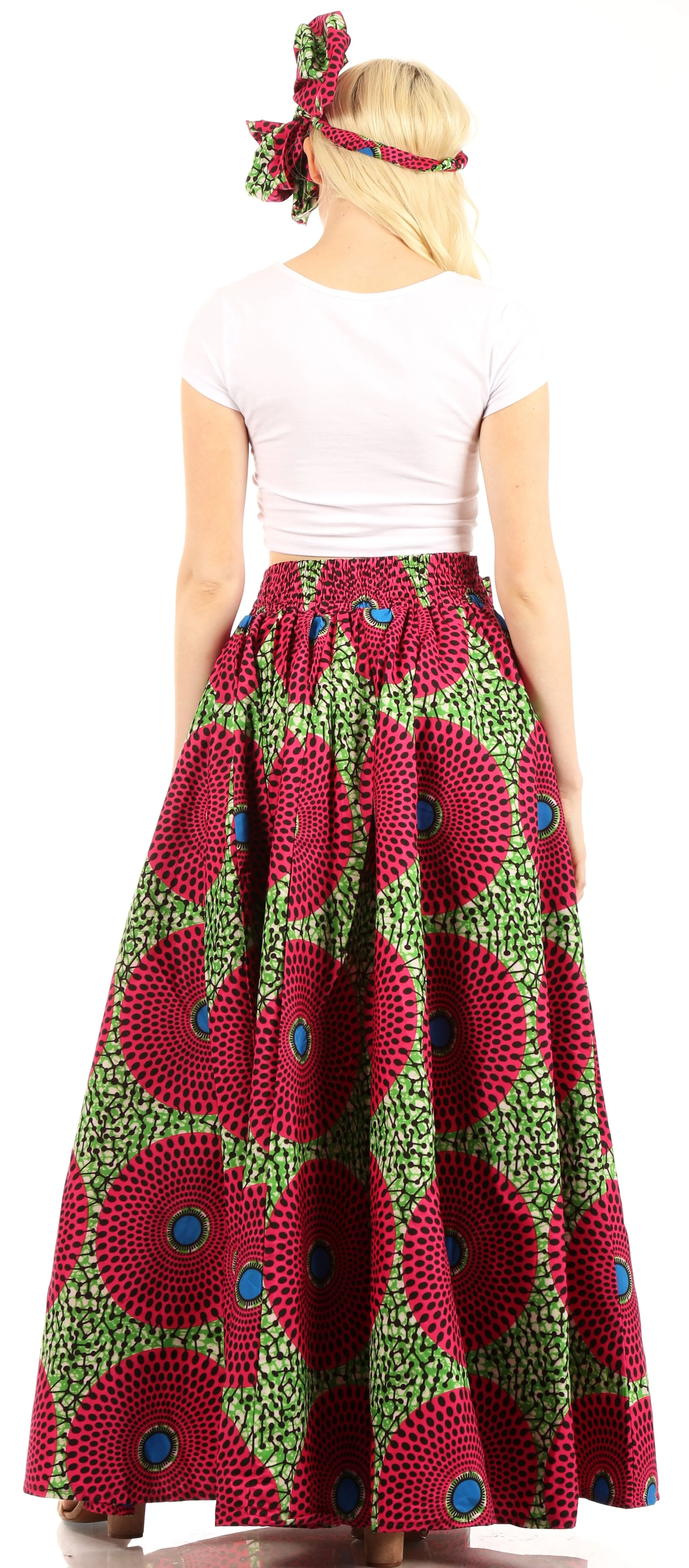 Sakkas Ami Women's Maxi Long African Ankara Print Skirt Pockets & Elastic Waist