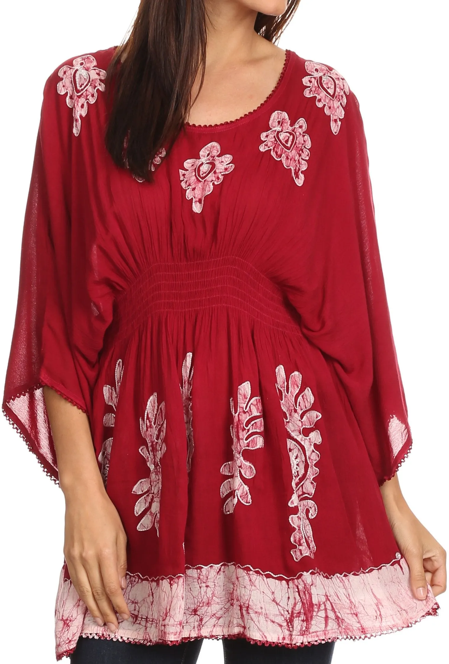 Sakkas Women's Embroidered Batik Gauzy Rayon Tunic Blouse