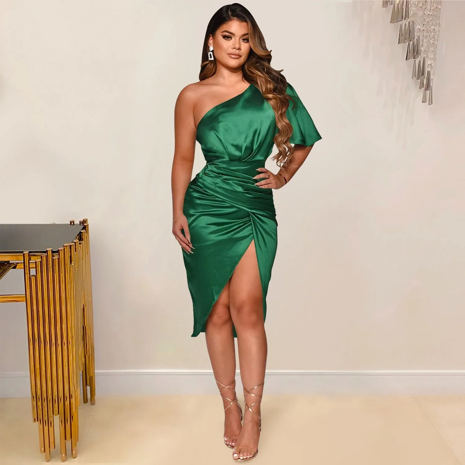 Satin One Shoulder Asymmetric Ruched Dress - Culture Heaven Special