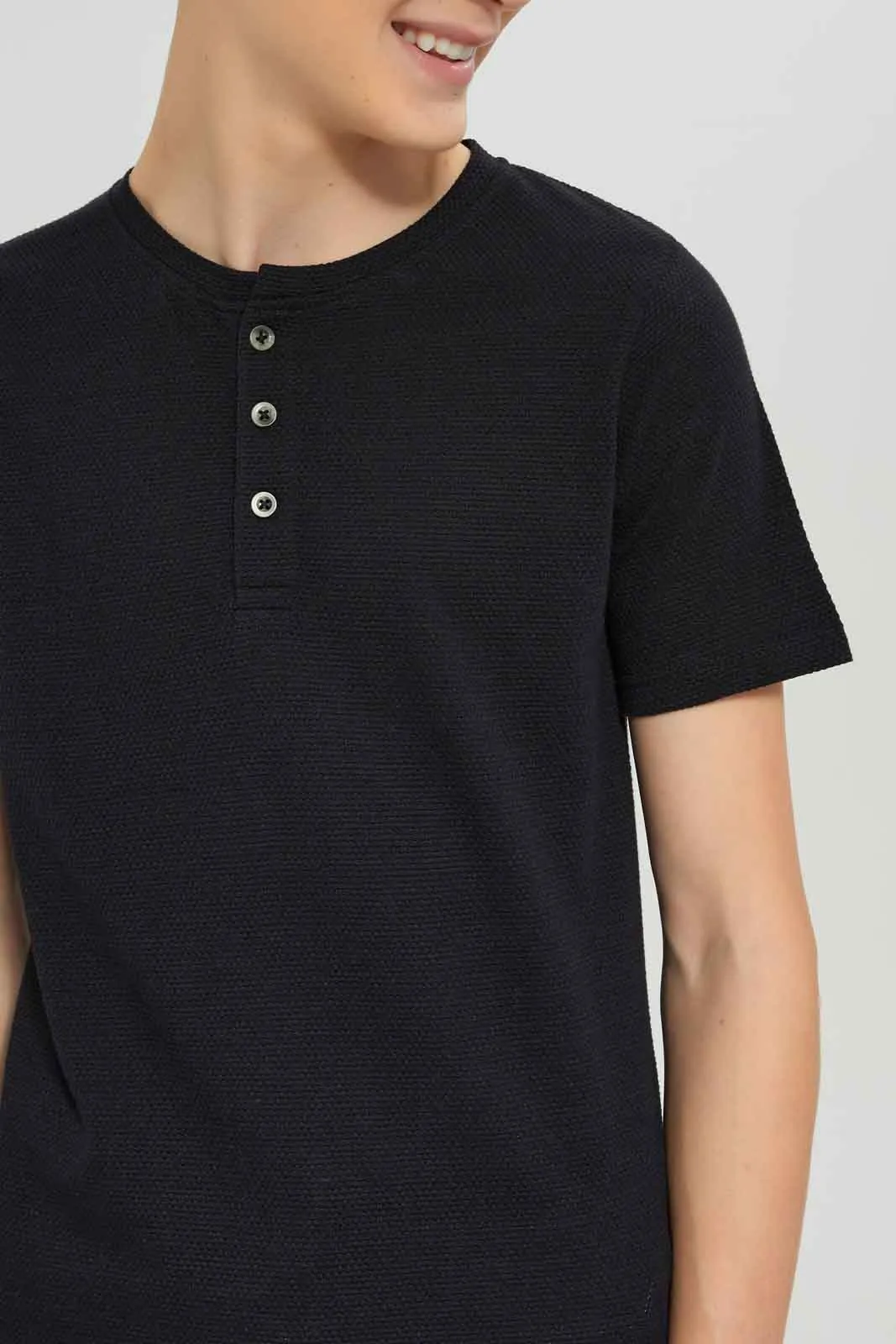 Senior Boys Black Jacquard Henley T-Shirt