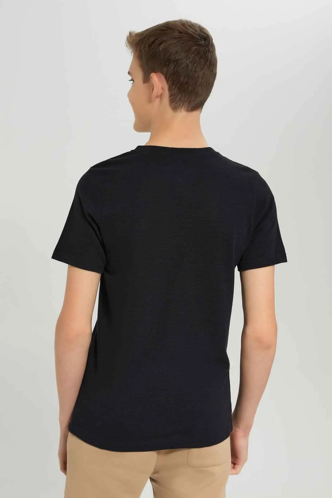 Senior Boys Black Jacquard Henley T-Shirt