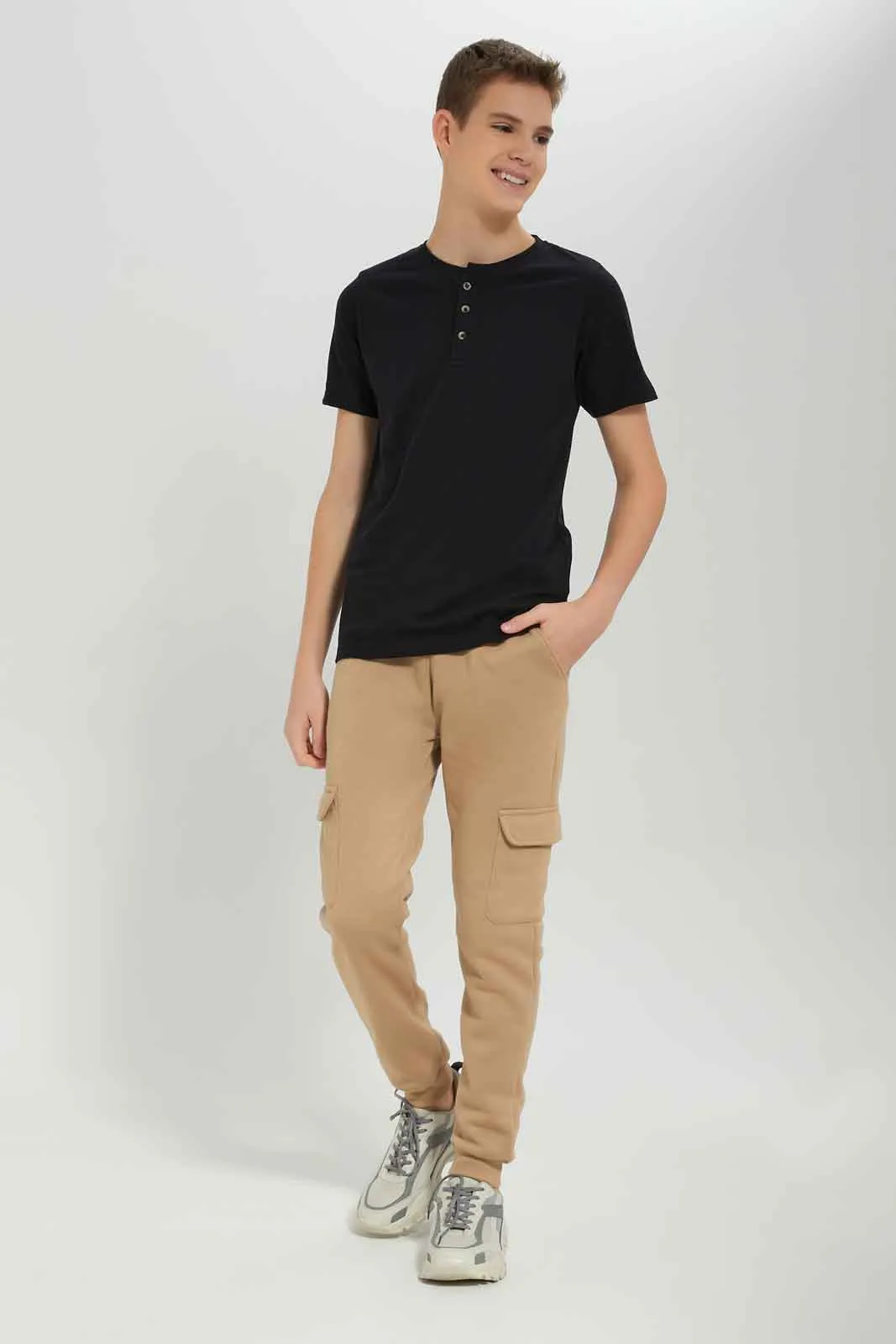 Senior Boys Black Jacquard Henley T-Shirt