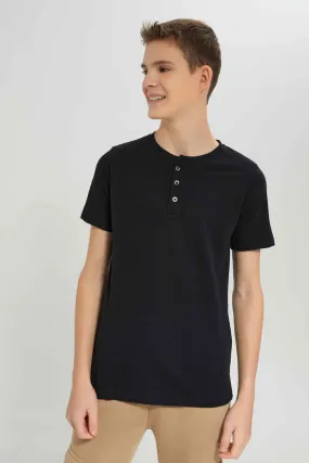 Senior Boys Black Jacquard Henley T-Shirt