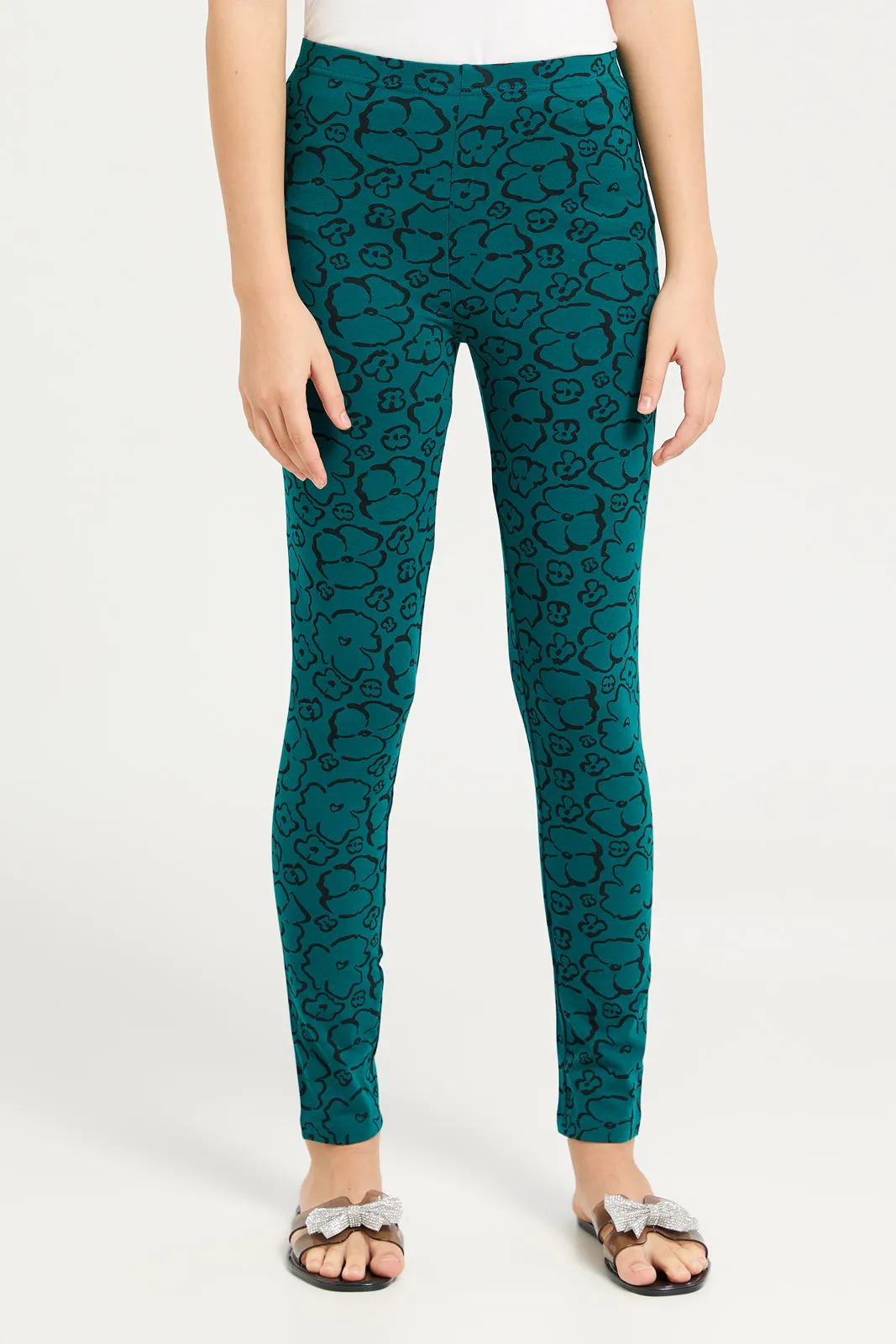 Senior Girls Green Printed Basic Leggings