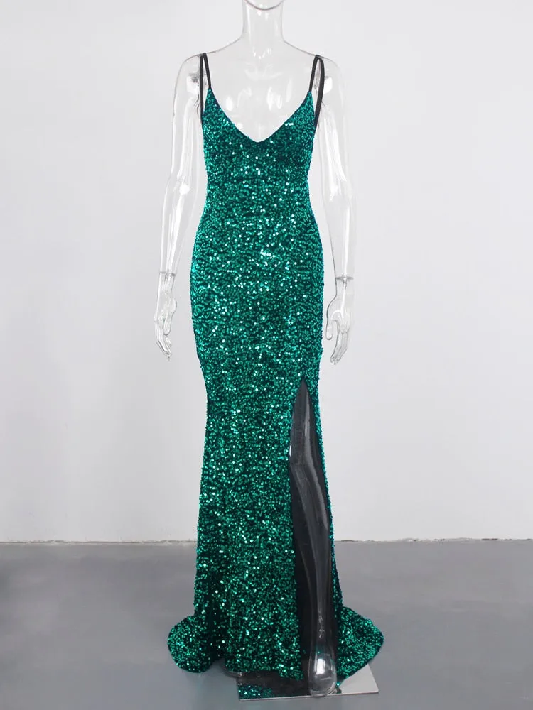 Sequin Backless Slip Mermaid Long Party Luxury V Neck Velvet Stretch Slit Sleeveless Cocktail Prom Formal Dress