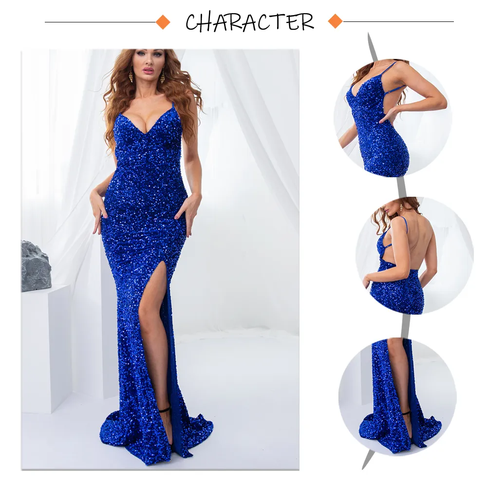 Sequin Backless Slip Mermaid Long Party Luxury V Neck Velvet Stretch Slit Sleeveless Cocktail Prom Formal Dress