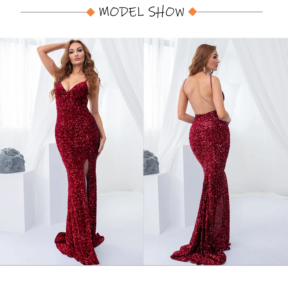 Sequin Backless Slip Mermaid Long Party Luxury V Neck Velvet Stretch Slit Sleeveless Cocktail Prom Formal Dress