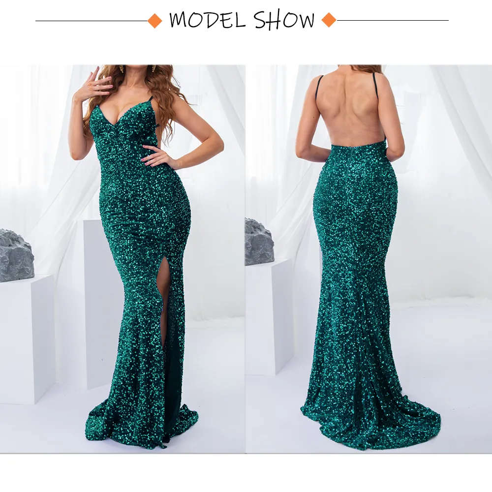 Sequin Backless Slip Mermaid Long Party Luxury V Neck Velvet Stretch Slit Sleeveless Cocktail Prom Formal Dress