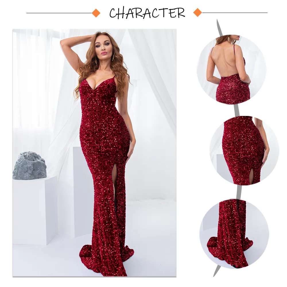 Sequin Backless Slip Mermaid Long Party Luxury V Neck Velvet Stretch Slit Sleeveless Cocktail Prom Formal Dress