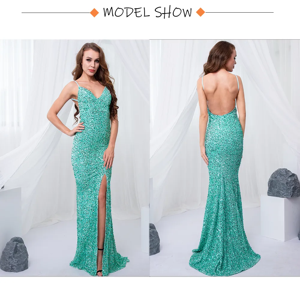 Sequin Backless Slip Mermaid Long Party Luxury V Neck Velvet Stretch Slit Sleeveless Cocktail Prom Formal Dress