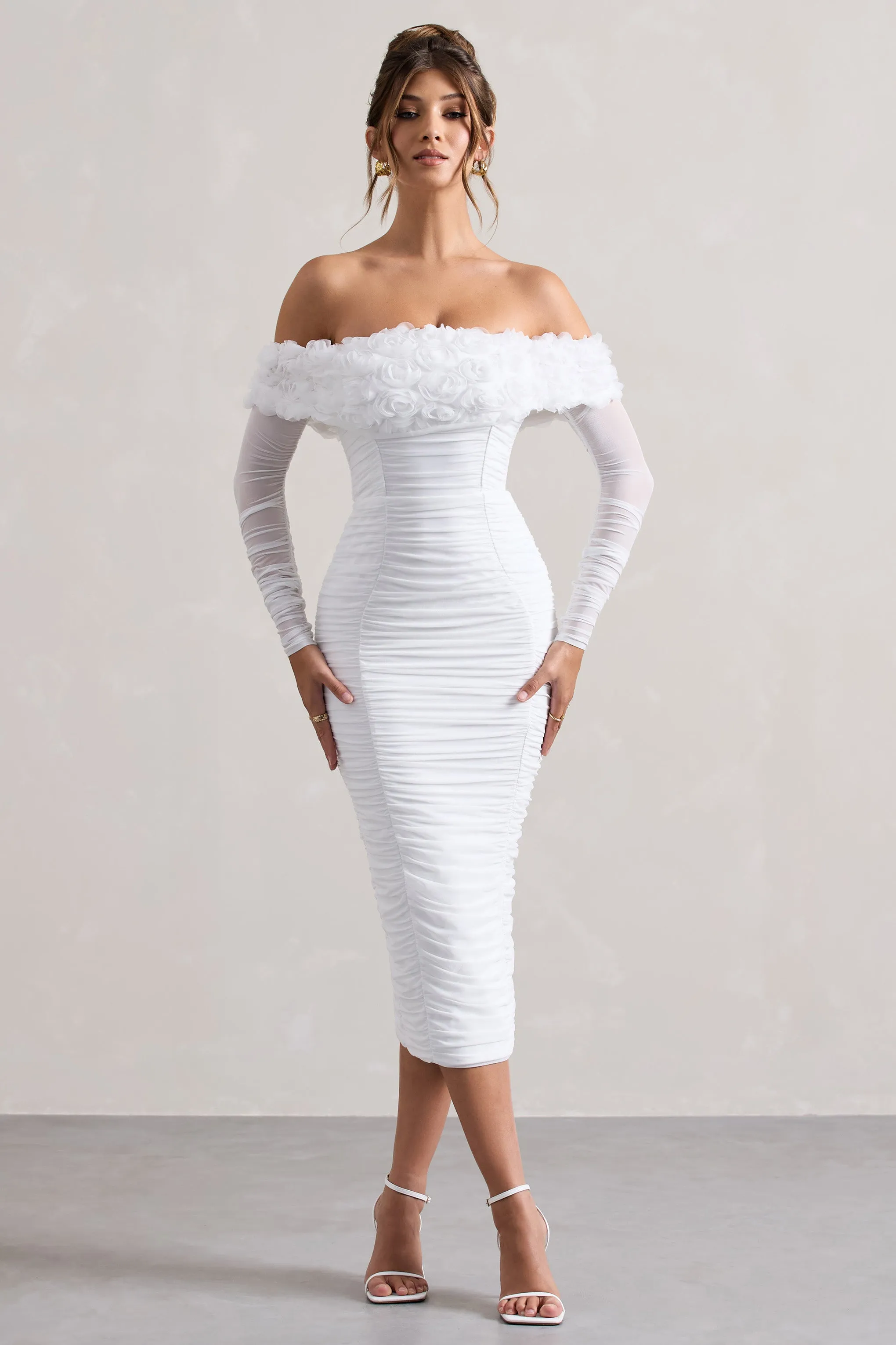 Sierra | White Mesh Ruched Floral Bardot Lace-Up Midi Dress