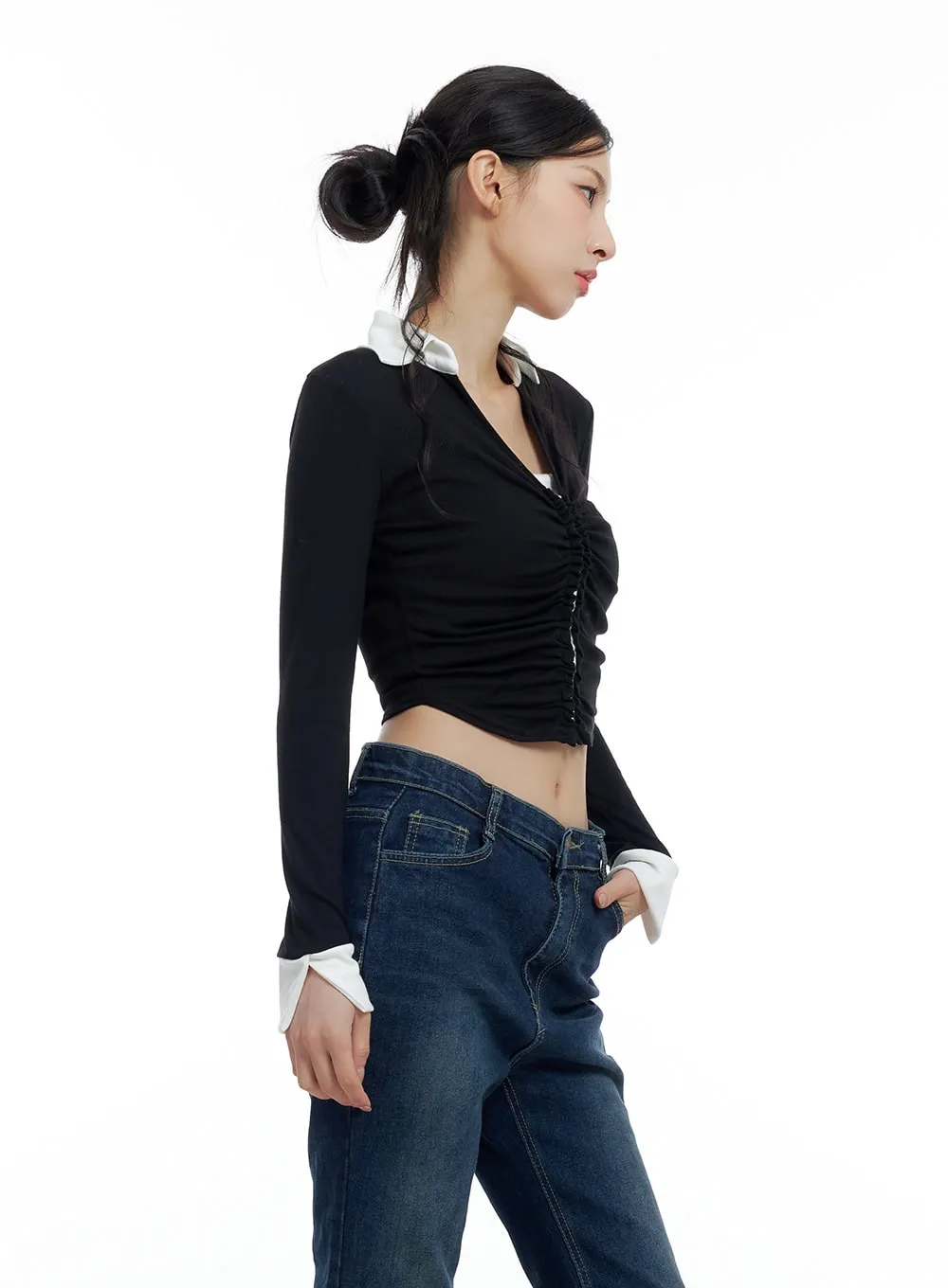 Sleek Shirred Collar Cropped Long Sleeve Top CO425