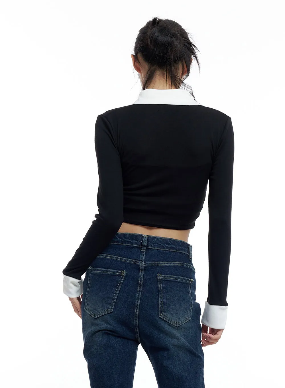 Sleek Shirred Collar Cropped Long Sleeve Top CO425