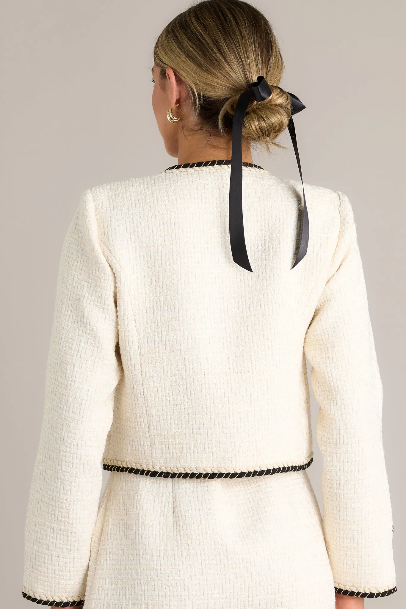 Sleek Simplicity Ivory Button Front Tweed Jacket