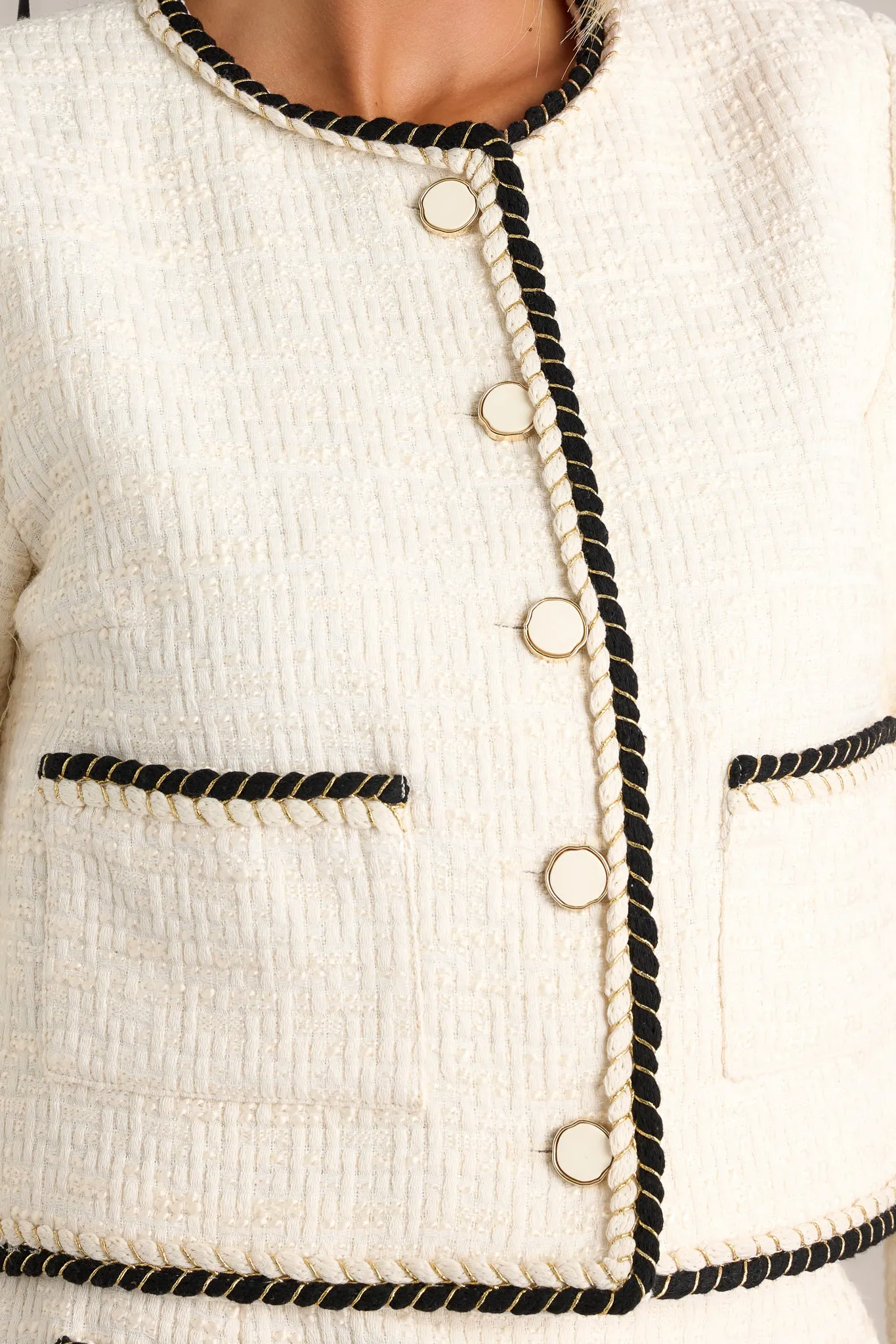 Sleek Simplicity Ivory Button Front Tweed Jacket