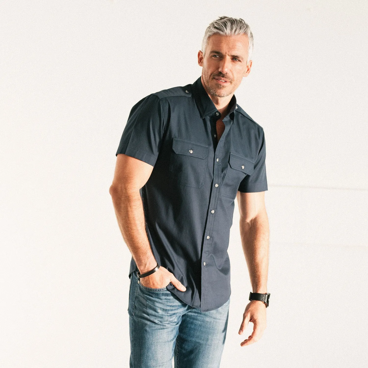 Smith Utility Short Sleeve Shirt – Dark Navy Cotton Twill