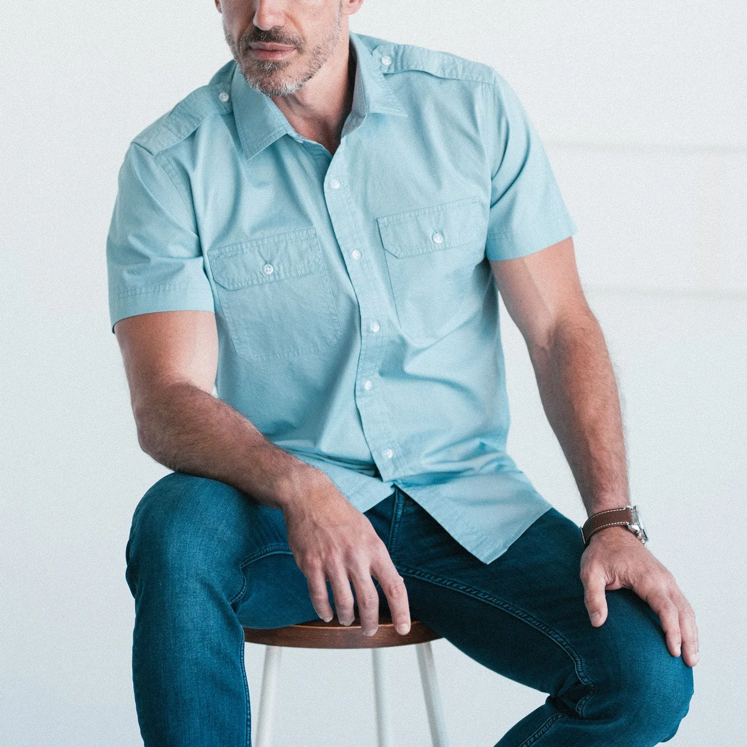 Smith Utility Short Sleeve Shirt – Light Blue Cotton Twill