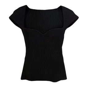 Solid Casual Knitted T Shirts For Women Square Collar Short Sleeve Tunic Slimming Minimalist T Shirt Female Fashion