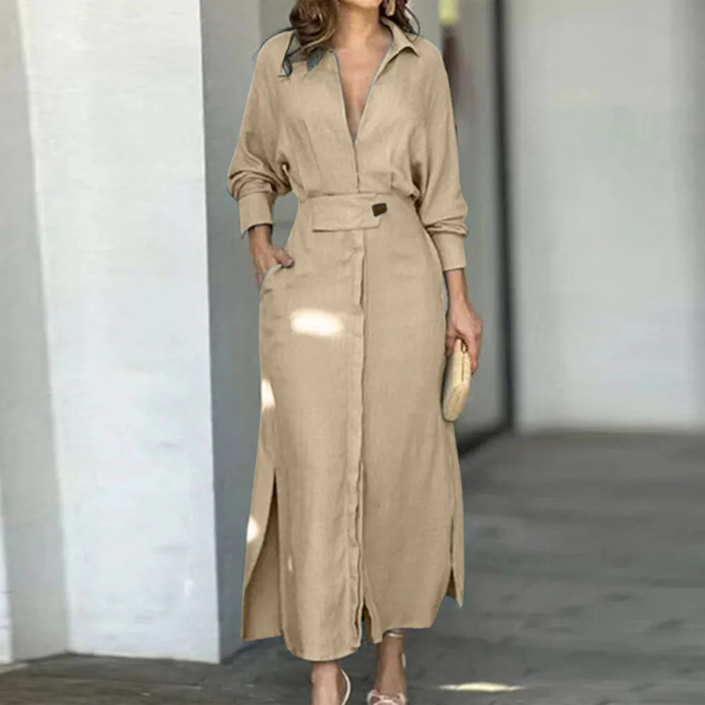 Solid Minimalist Dresses For Women Lapel Long Sleeve High Waist Tunic Dress Spring Female Fashion Style Clothing