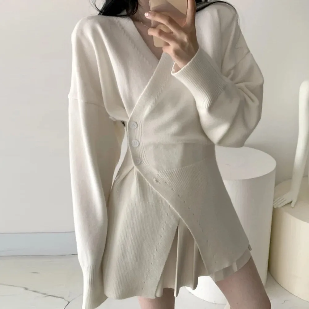 Solid Minimalist Knitting Sweaters For Women V Neck Long Sleeve Tunic Temperament Sweater Female Fashion Clothing