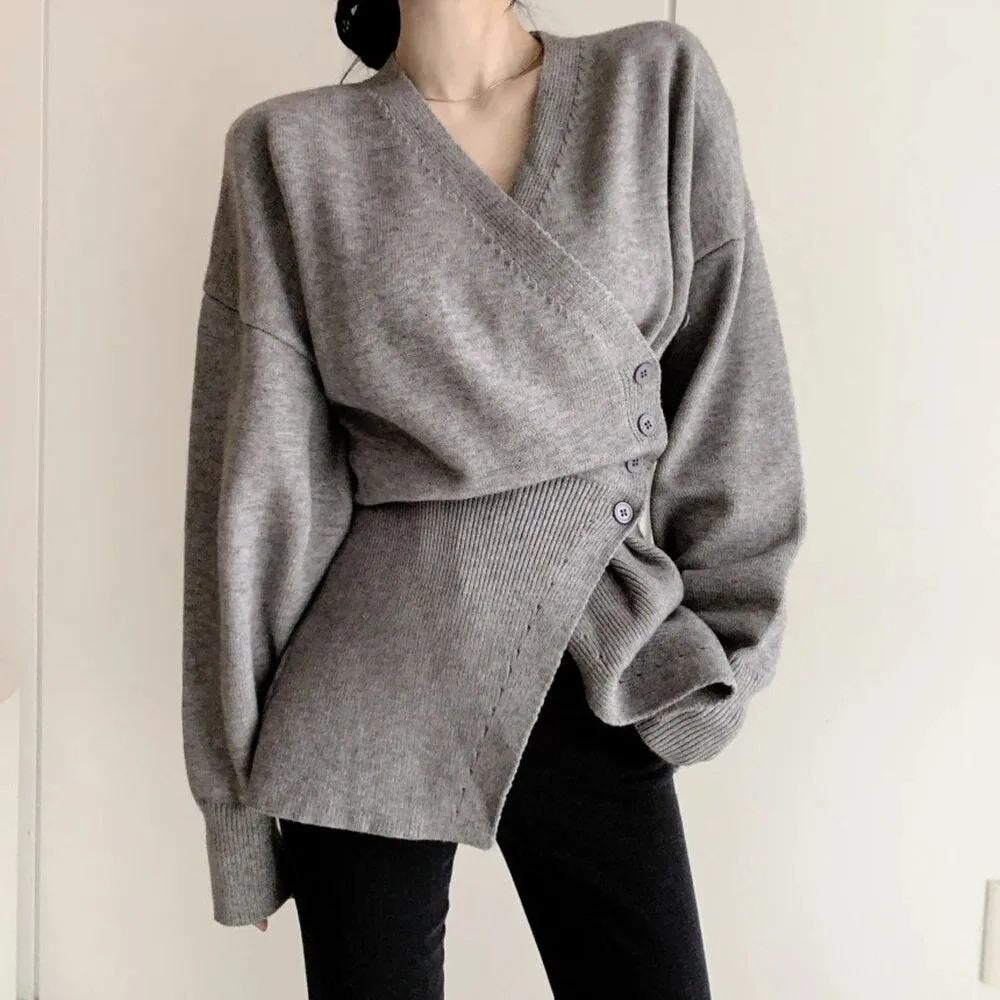 Solid Minimalist Knitting Sweaters For Women V Neck Long Sleeve Tunic Temperament Sweater Female Fashion Clothing