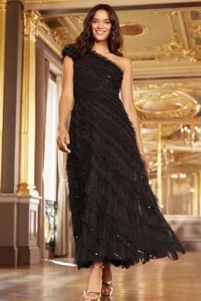 Spiral Sequin One-Shoulder Ankle Gown