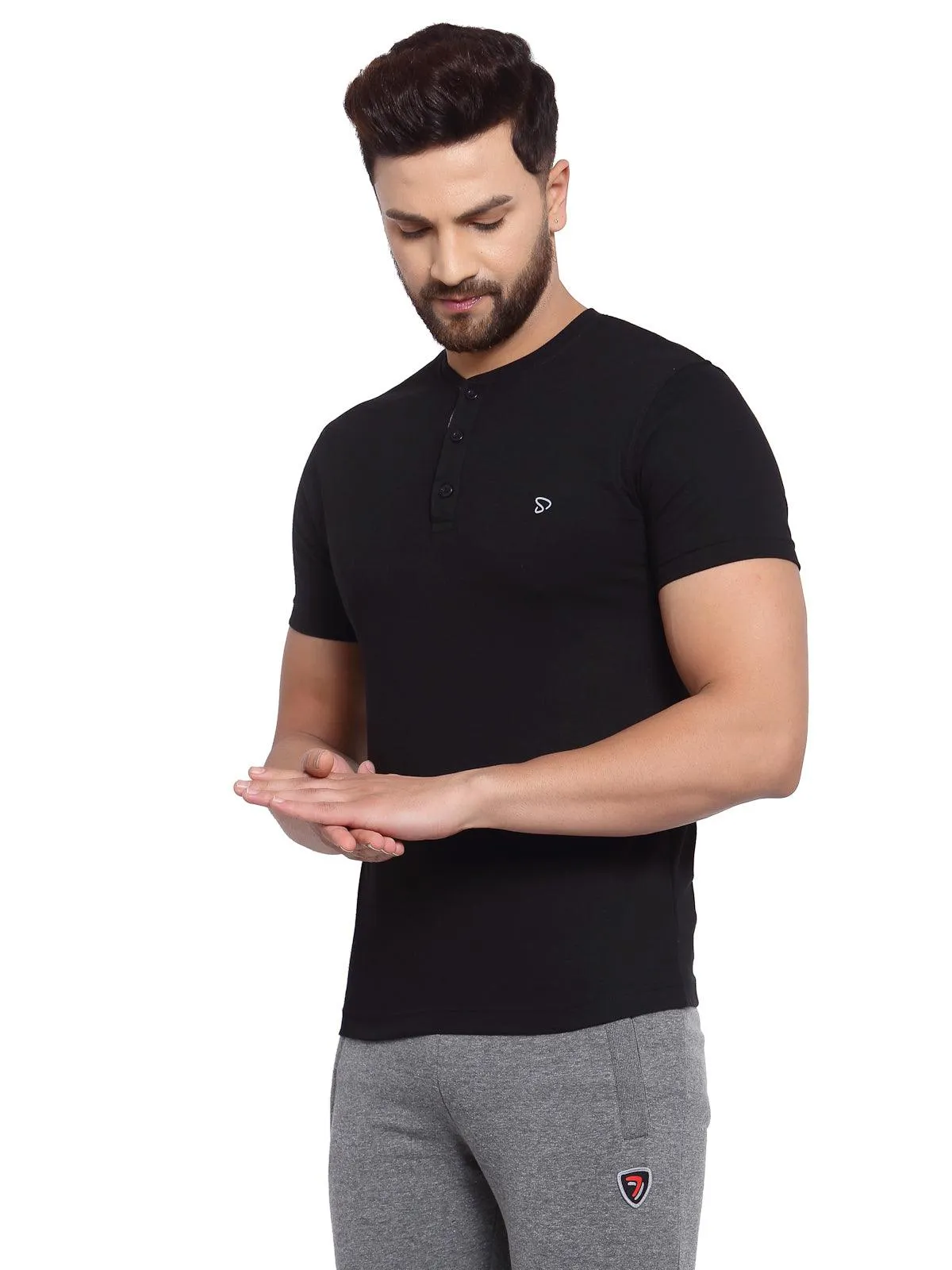 Sporto Men's Henley Neck Cotton T-Shirt - Black