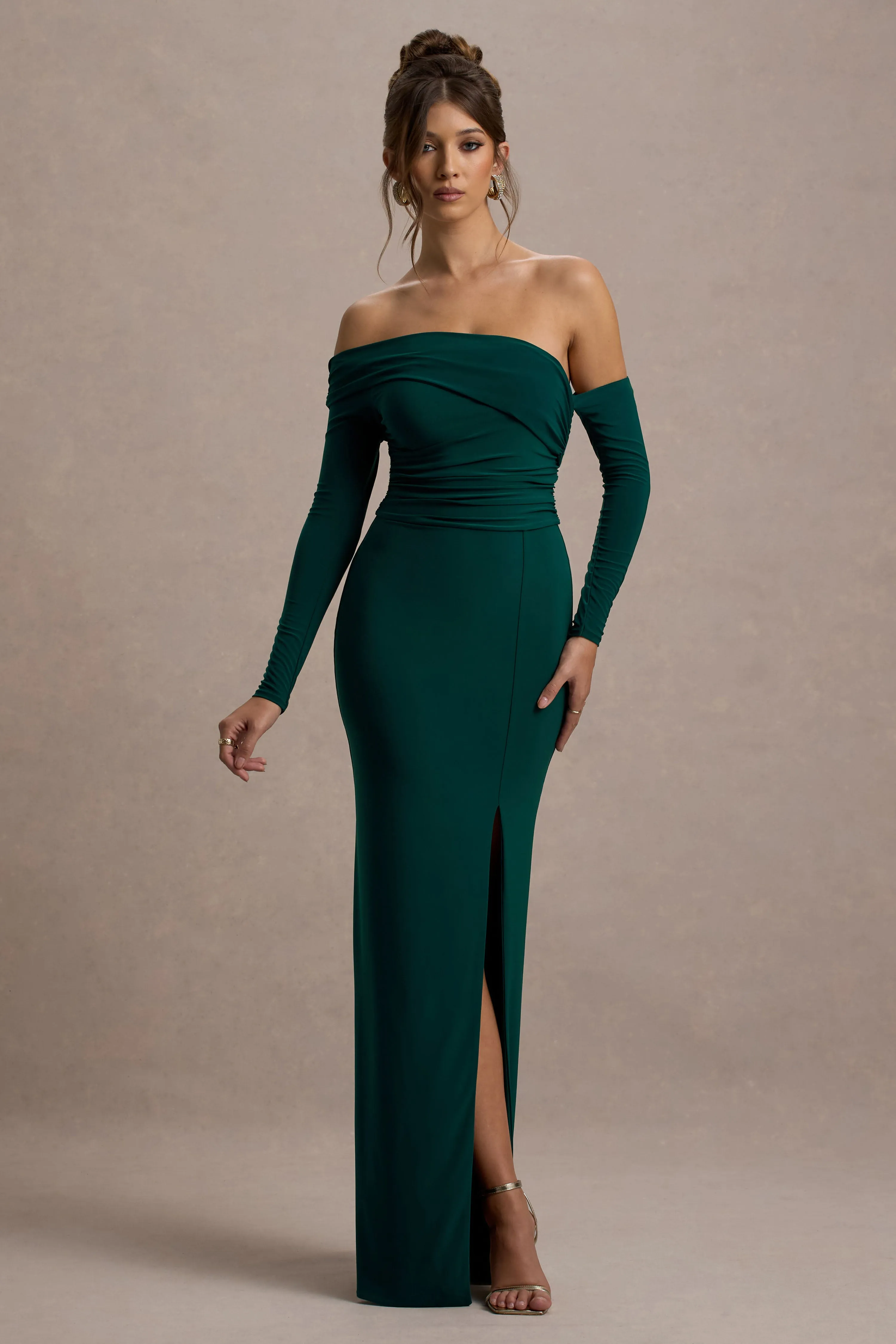 Stand Out | Bottle Green Bardot Long Sleeve Ruched Maxi With Side Split