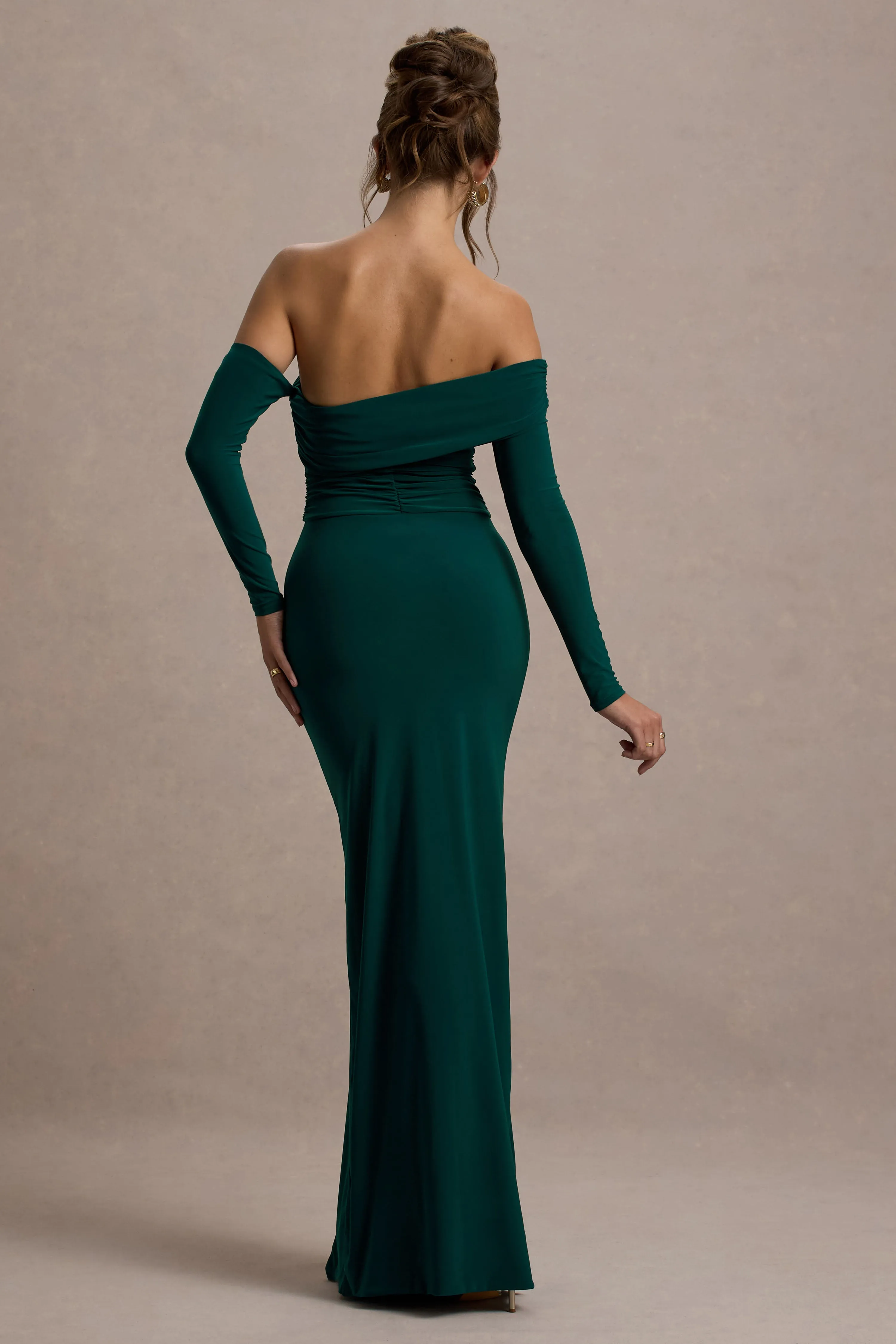 Stand Out | Bottle Green Bardot Long Sleeve Ruched Maxi With Side Split