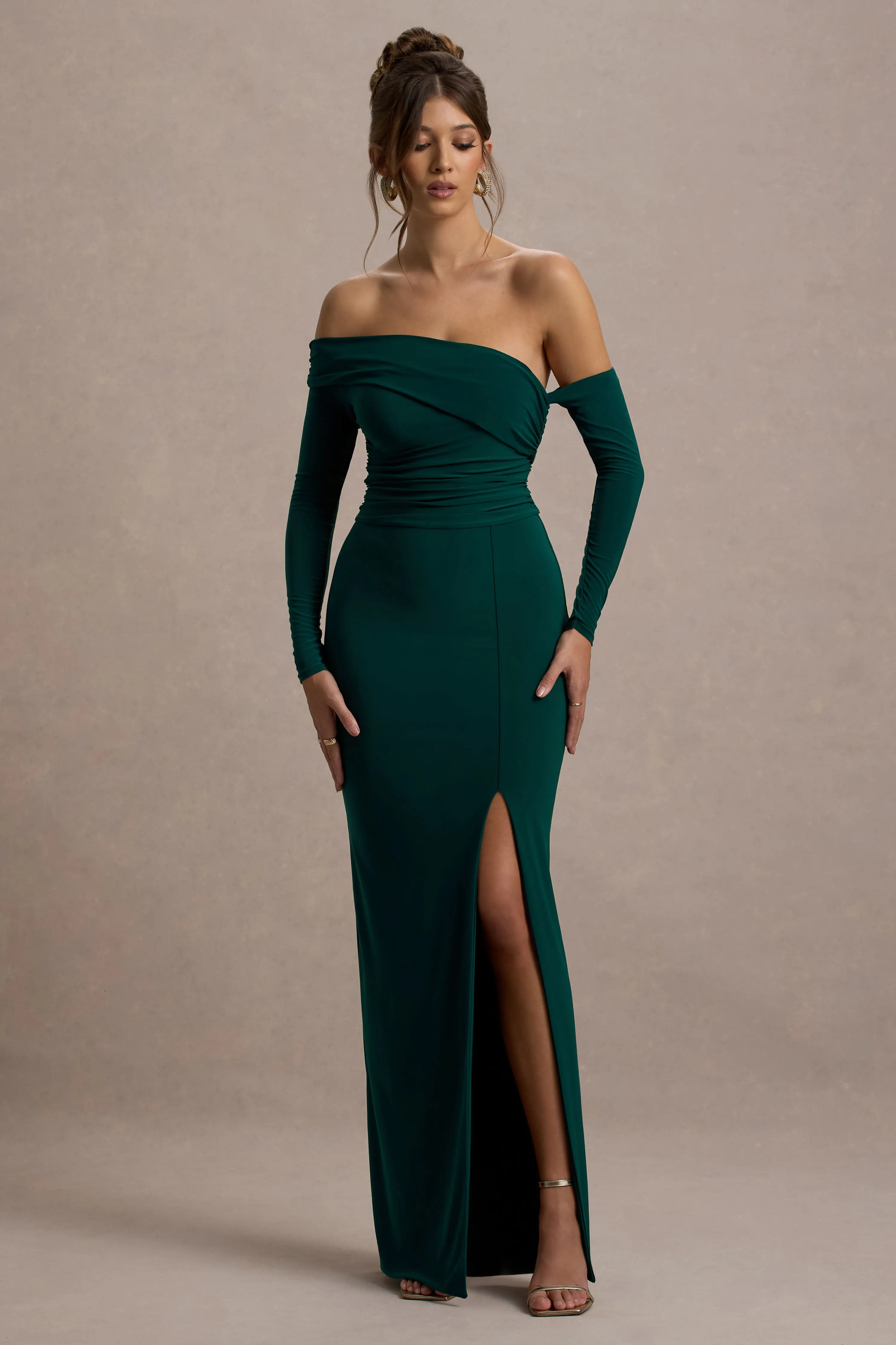 Stand Out | Bottle Green Bardot Long Sleeve Ruched Maxi With Side Split