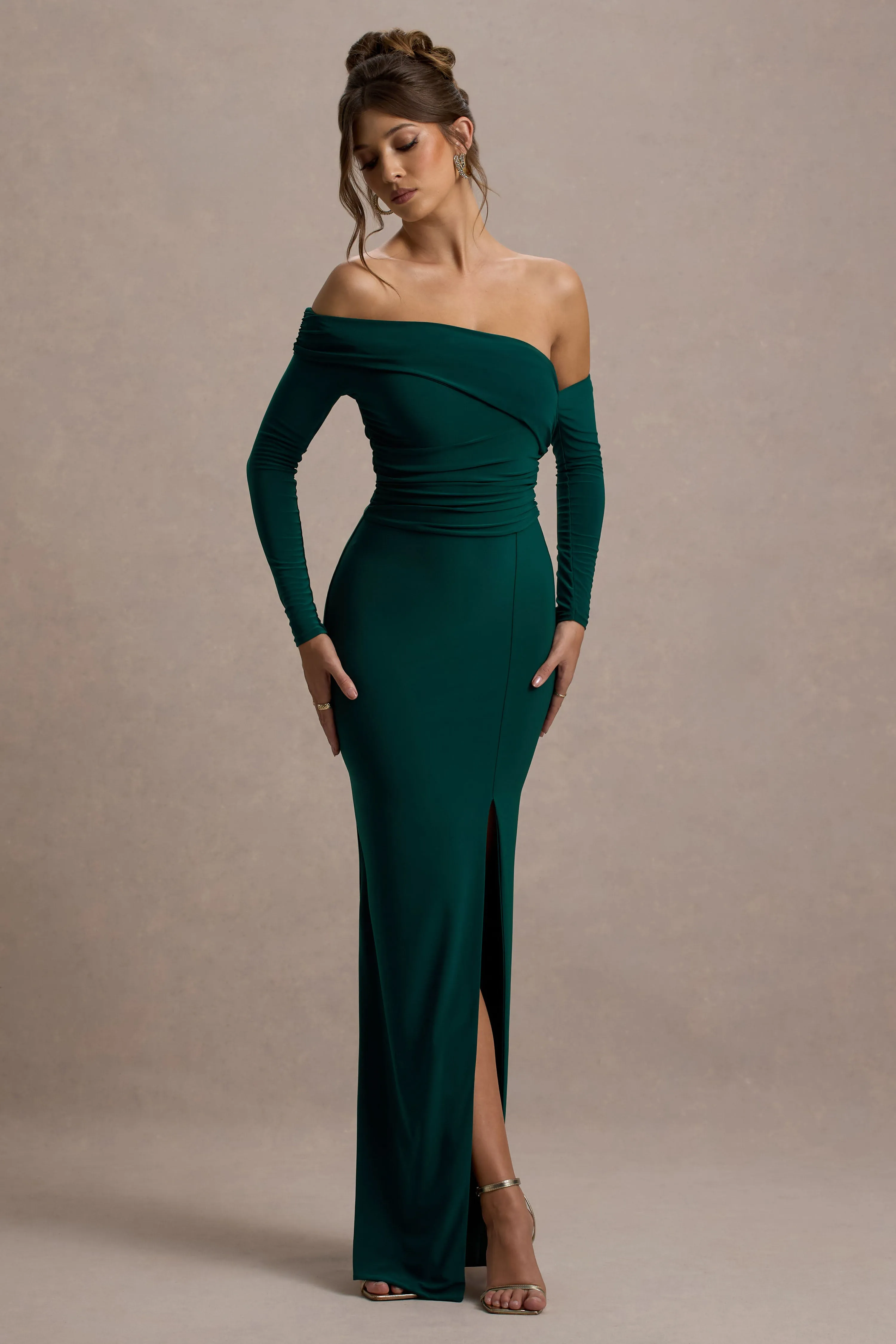 Stand Out | Bottle Green Bardot Long Sleeve Ruched Maxi With Side Split