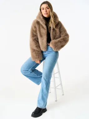 Stone Zip Front Cropped Faux Fur Jacket